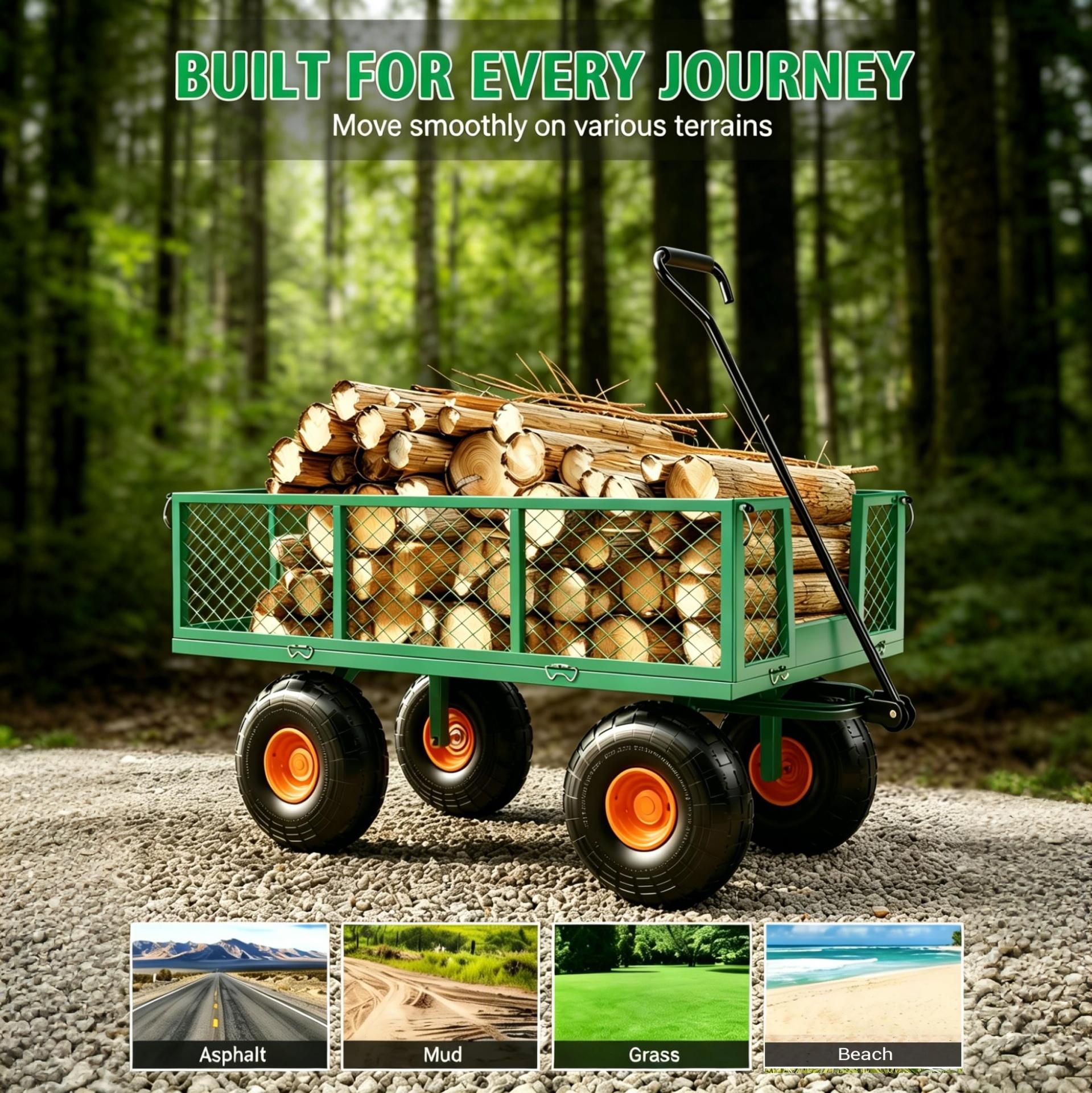Garvee Green & Orange Steel Garden Cart Wagon, 500 lbs Utility Yard Trolley with Removable Mesh Sides, 10" Wheels & 180° Handle for Lawn Garden Transport