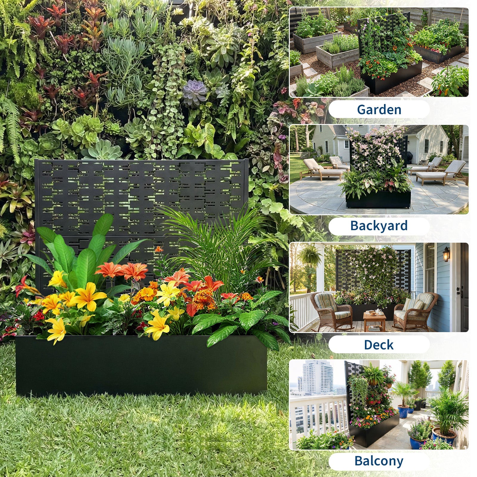 Garvee Metal Planter Box with Trellis, 45.7"x45"x15" Raised Garden Beds with Trellis for Climbing Plants Vegetables, Privacy Screen Planter Box with Drainage Holes for Patio Balcony, Black