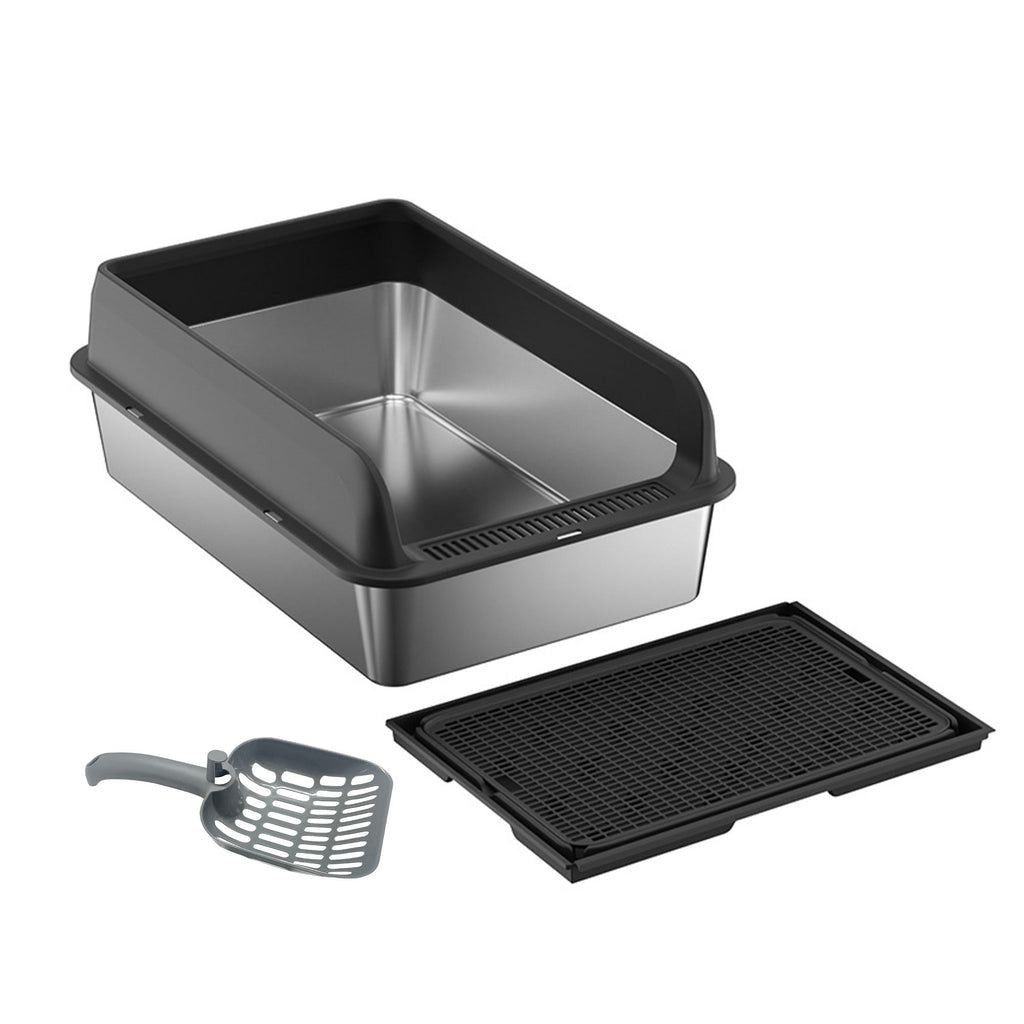 Garvee Stainless Steel Cat Litter Box with Lid, 23.6"x15.8"x11.8" Large Litter Box for Big Cats, Anti Leakage, Odor-Free & Easy Cleaning Metal Litter Pan Include Scoop, Non-Sticky with High Wall Sides-black