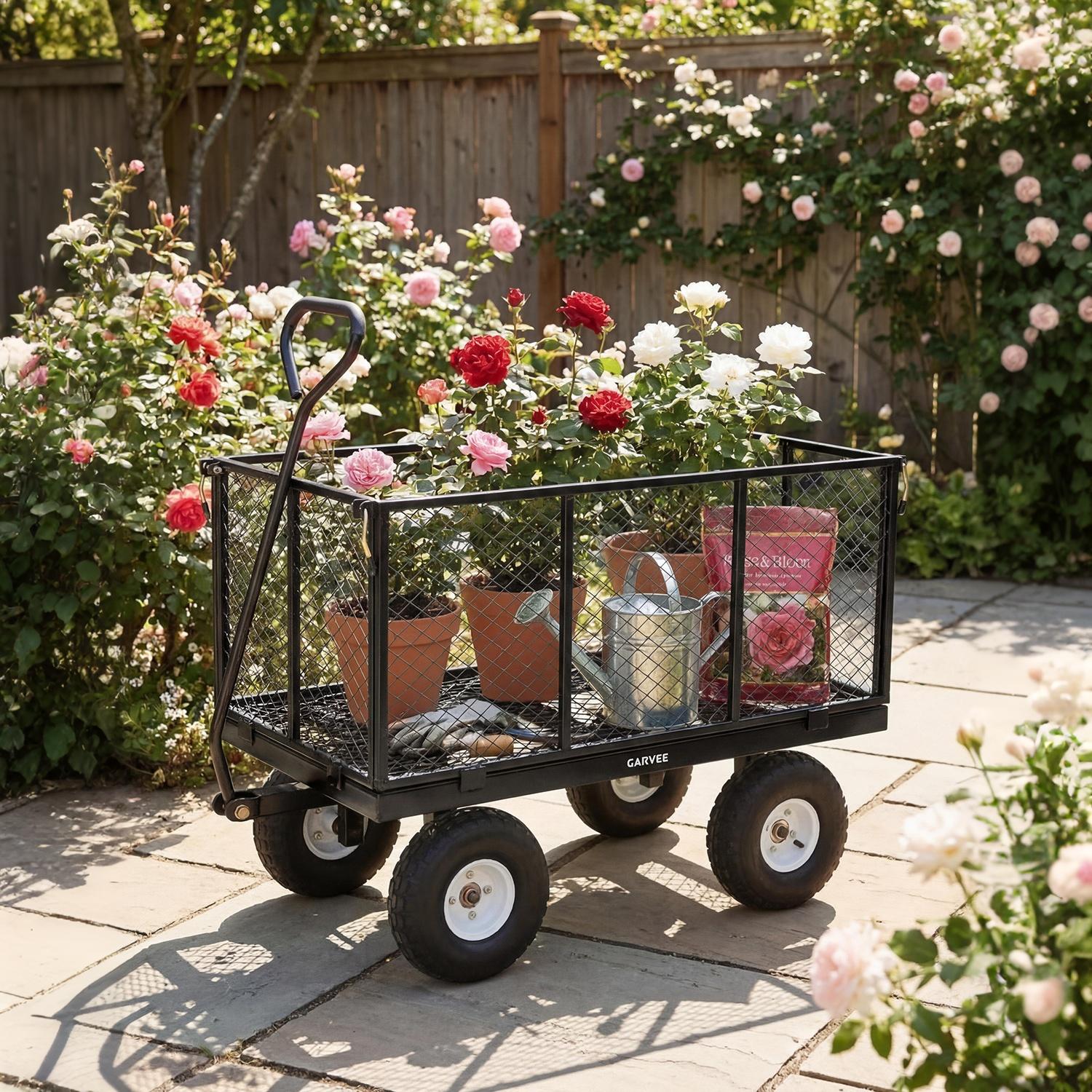 Garvee 800LBS Heavy Duty Steel Garden Cart Wagon with 10" Pneumatic Tires, Removable Mesh Sides, 180° Rotating Handle & Waterproof Bag, Utility Yard Trailer for Lawn, Garden & Farm, Black