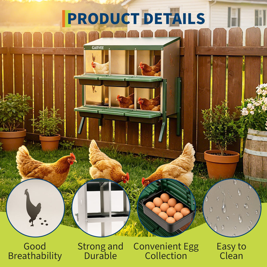 Garvee 6 Compartment Metal Chicken Nesting Box – Heavy Duty, Ventilated, Removable Tray & Perch, Easy Clean, Efficient Egg Collection for Hens, Ducks, Geese – Green with Chicken Design – Size: 6 Compartments, Color: Green (Side Chicken Design)