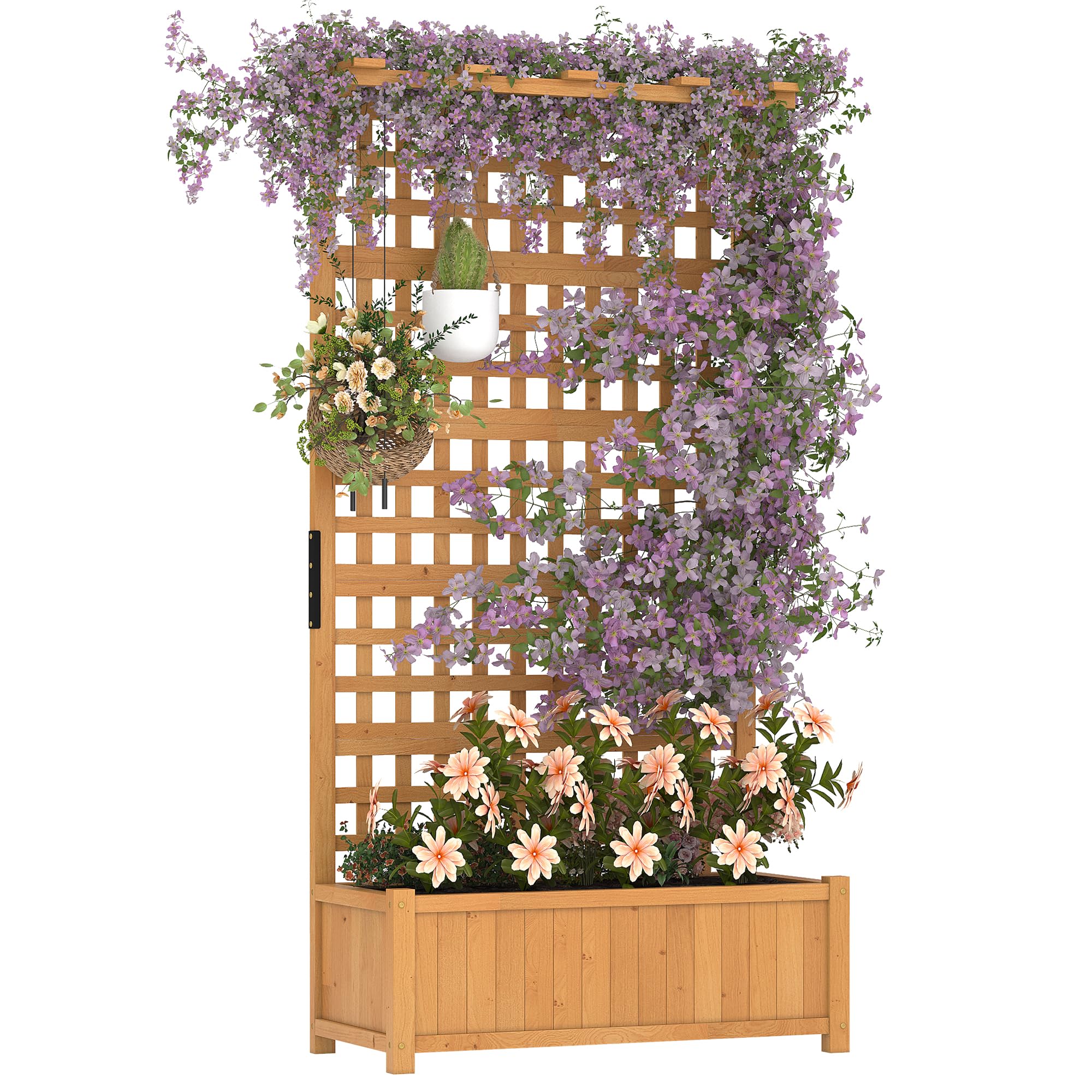 Garvee Raised Garden Bed with Trellis, 35.4" × 17.7" × 71.9" Fir Wood Planter Box with 33" × 17" Growing Bed, 4 Drainage Holes for Climbing Plants, Yellow