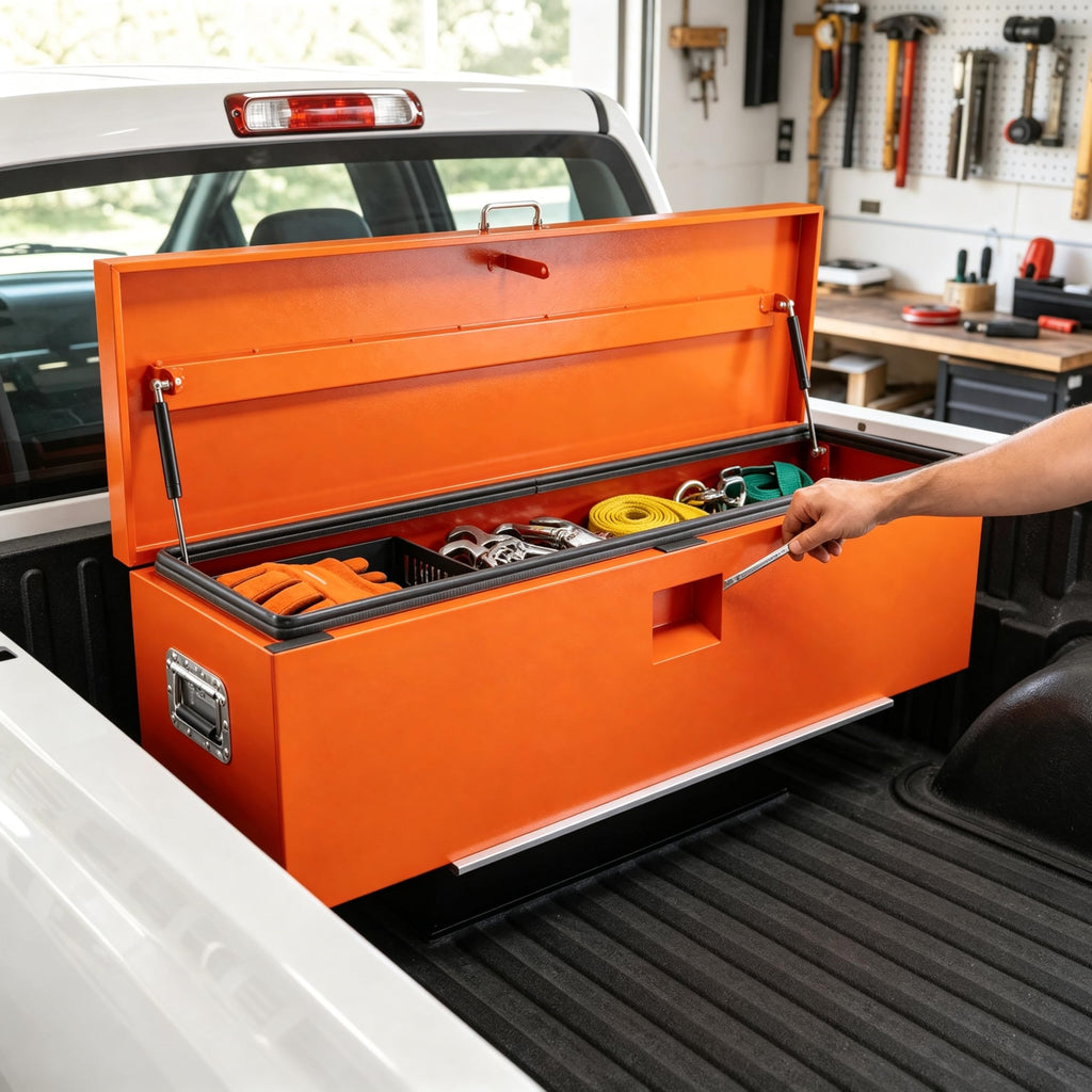 Garvee 42"X16"X14" Heavy Duty Steel Truck Bed Toolbox – Lockable Dual Lids, Weatherproof Powder-Coated, Front & Side Handles, Gas Struts for Pickup, RV, Trailer, Orange