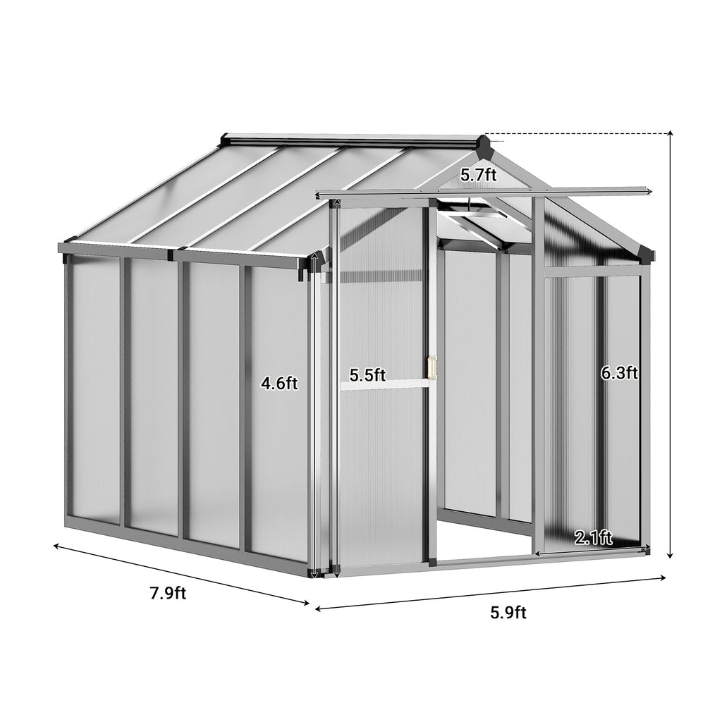 Garvee Walk-In Polycarbonate Greenhouse for Outdoors, Heavy Duty Aluminum Greenhouse with Adjustable Roof Vent & Lockable Door, UV-Protected Backyard Green House for Garden, Patio & Lawn, Easy Assembly, Silver