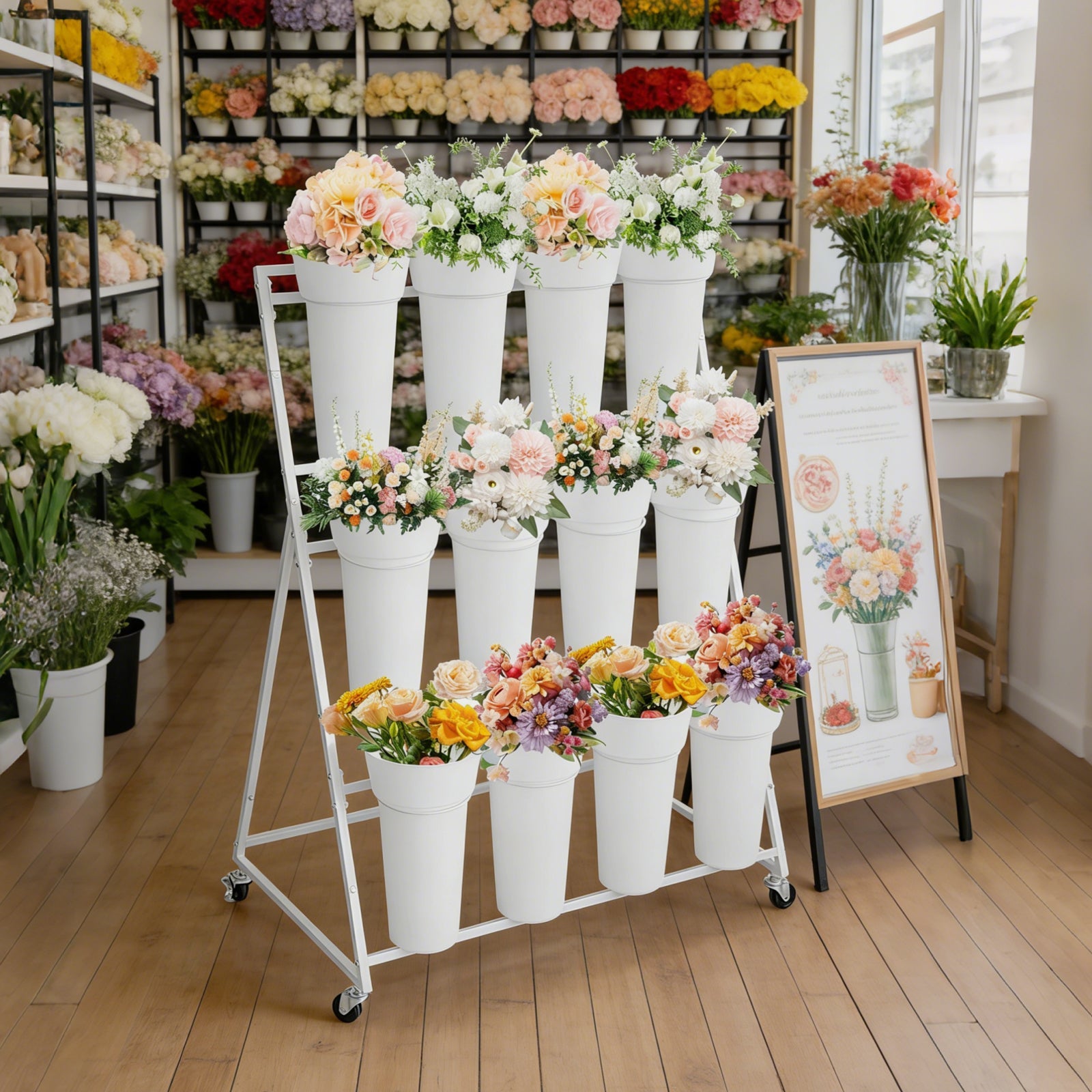 Garvee 3-Tier White Metal Flower Display Stand with 12 Removable Waterproof Buckets, Rolling Plant Rack – Multi-Layer Indoor Outdoor Flower Pot Holder for Florist, Garden, Patio, Wedding – Size: 90×55×120cm, Color: White