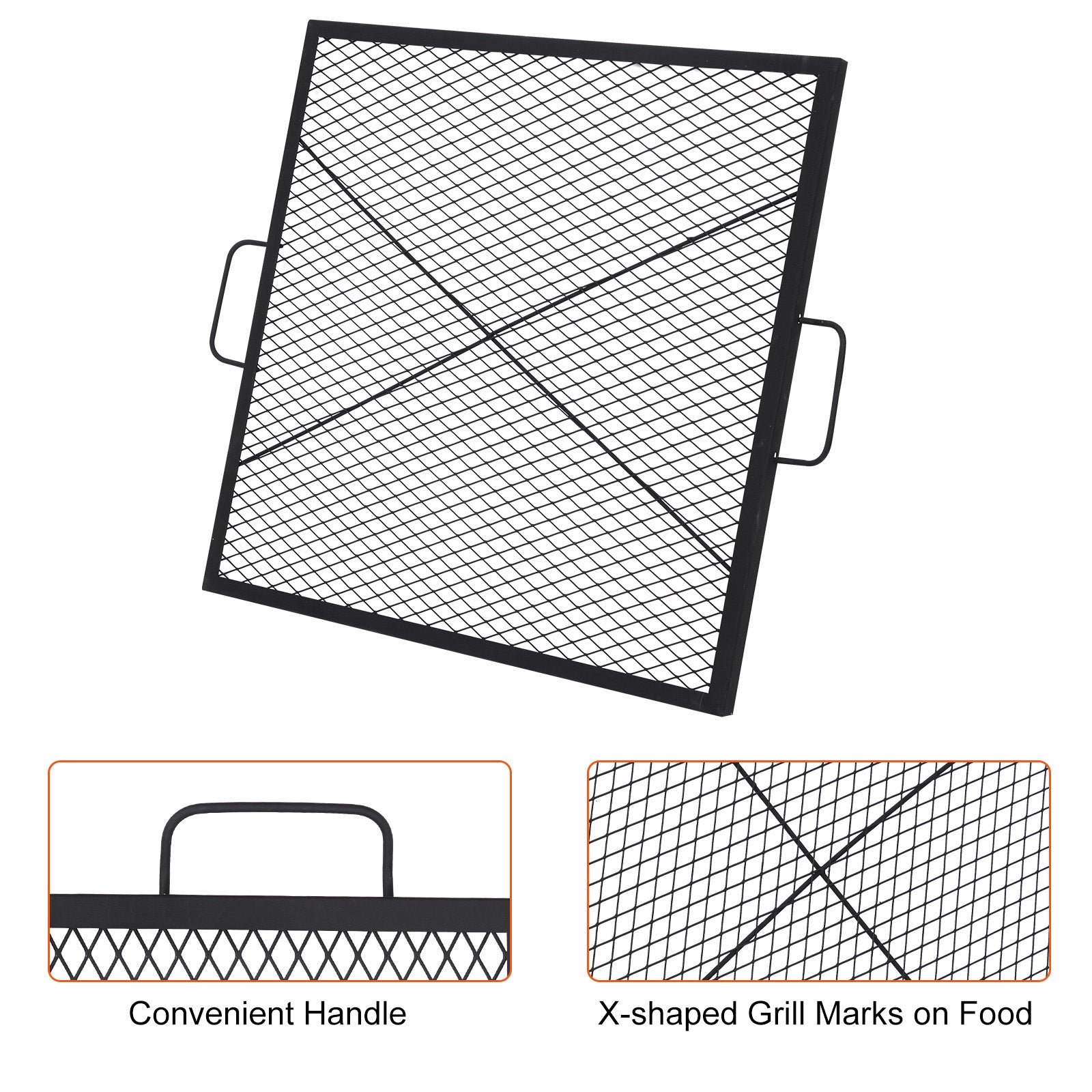 Garvee 30x30 inch Square Fire Pit Grate, 44lbs Load Capacity Heavy Duty Carbon Steel Grill Grate with Handles, 1112°F/600℃ Heat Resistant Cooking Mesh for Outdoor Camping, Black