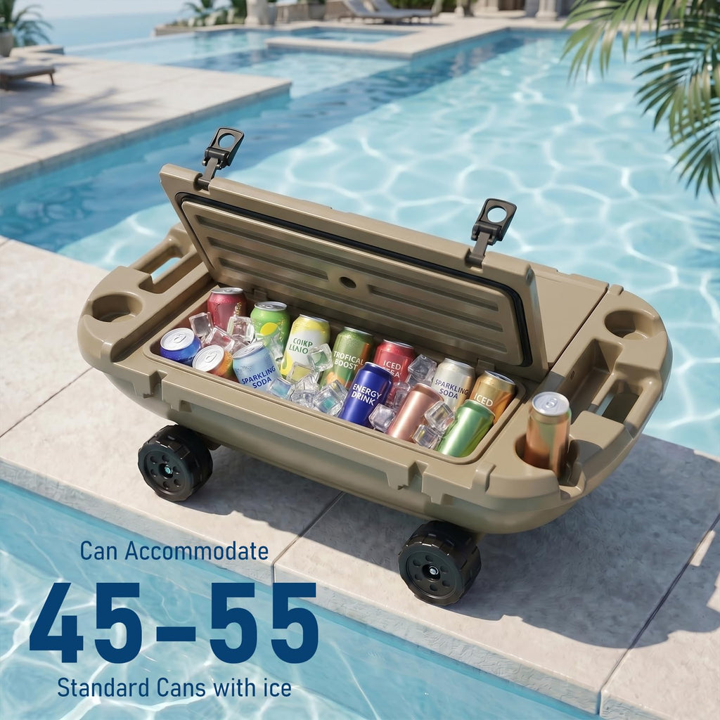 Garvee 40L Floating Cooler with Wheels, 42.5QT Rotomolded All-Terrain Ice Chest with Tow Rope & 4 Cup Holders, Drift Mobile Beverage Cooler for River, Pool, Beach, Kayak, Cool Gray,  Khaki