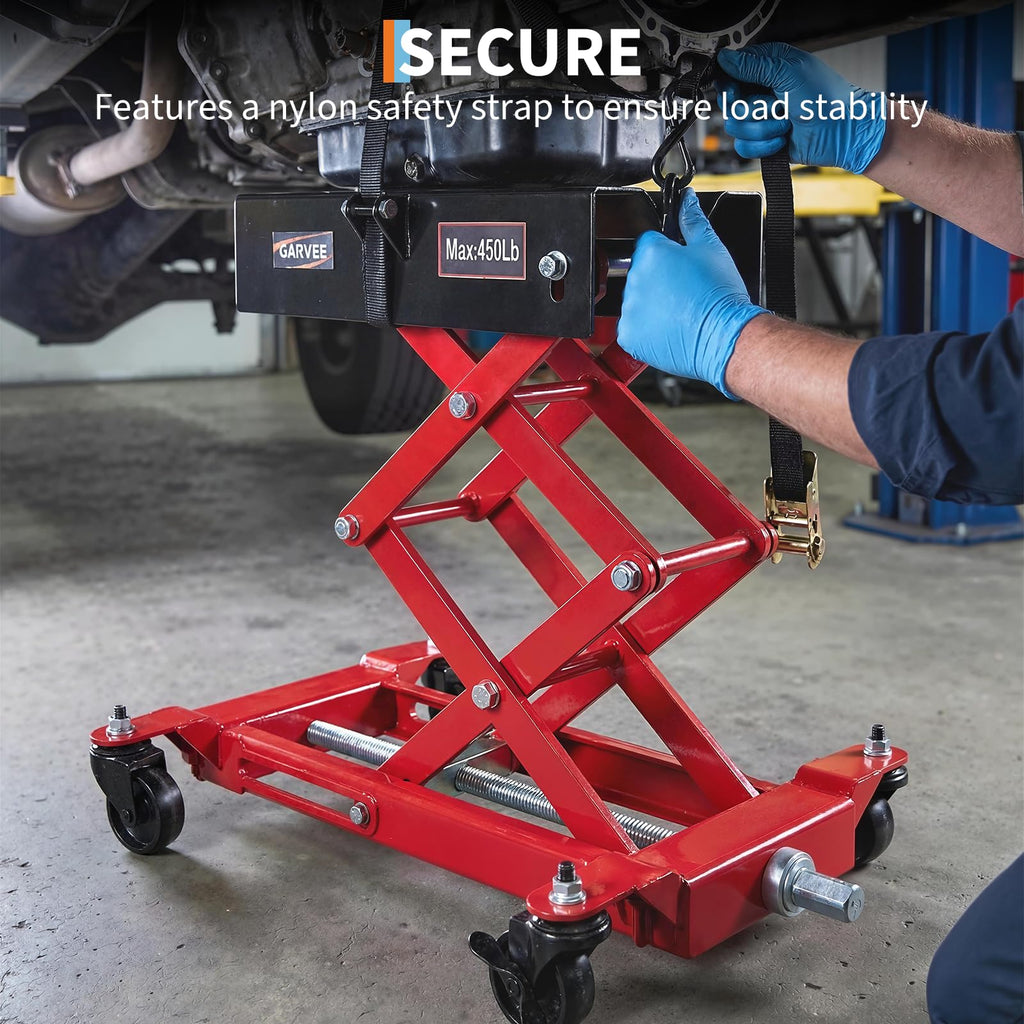 Garvee 450 lbs Transmission Jack - Low-Profile 7"-23" Lift, Heavy-Duty Steel Design with Safety Straps and 4 Swivel Wheels for Garage Use