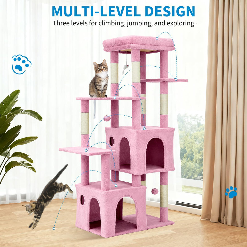 Garvee 61" Multi-Level Cat Tree for Indoor Cats, Heavy-Duty Tower for Large Adult & Maine Coon Cats with Oversized Perch, Dual Condos, Natural Sisal Scratching Posts & Play Toys – Pink