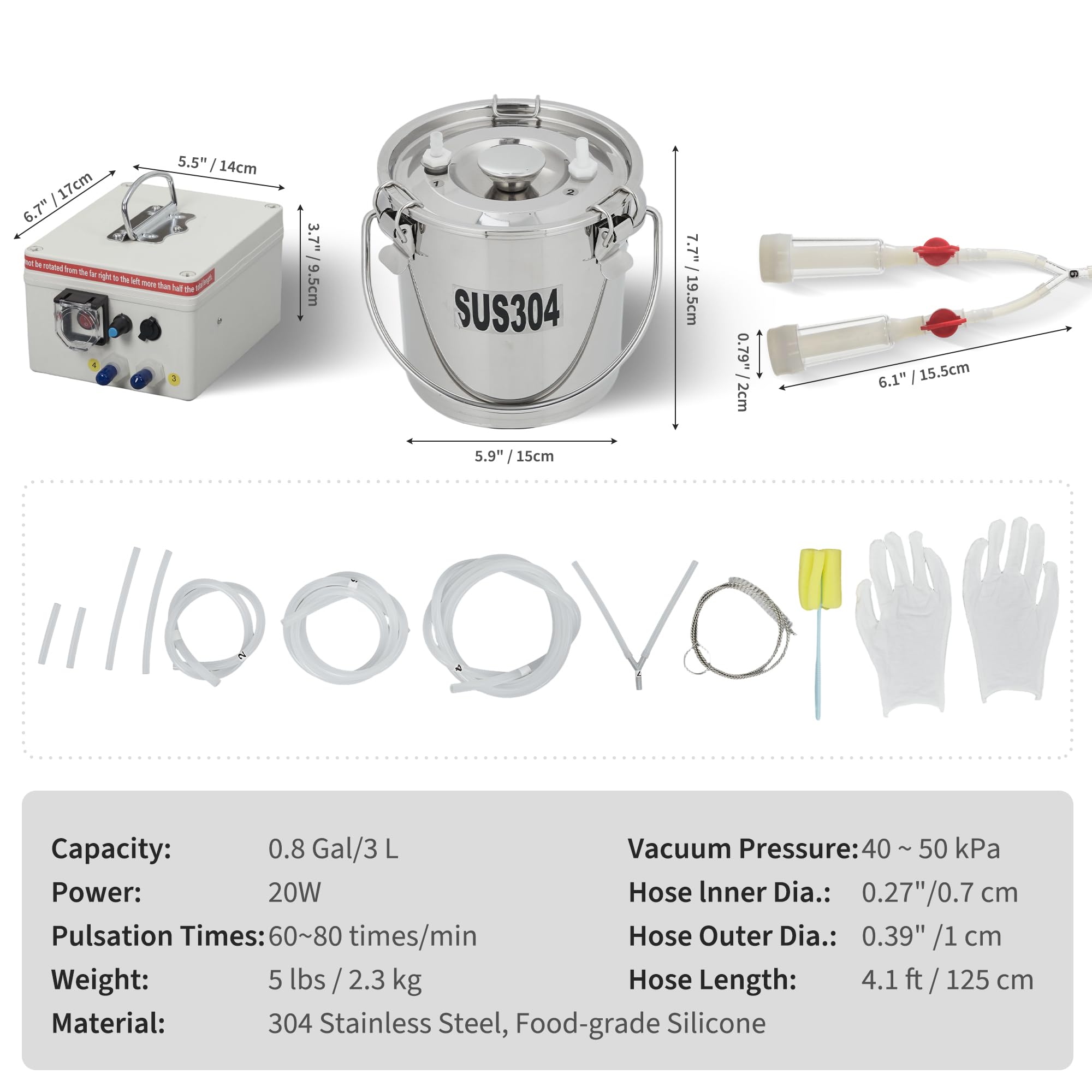 Garvee Portable Goat Milking Machine – 3L Stainless Steel Bucket, Rechargeable Electric Pulsation, 2 Teat Cups, Adjustable Pulsation, Built-in 12V 5200mAh Battery, US Standard