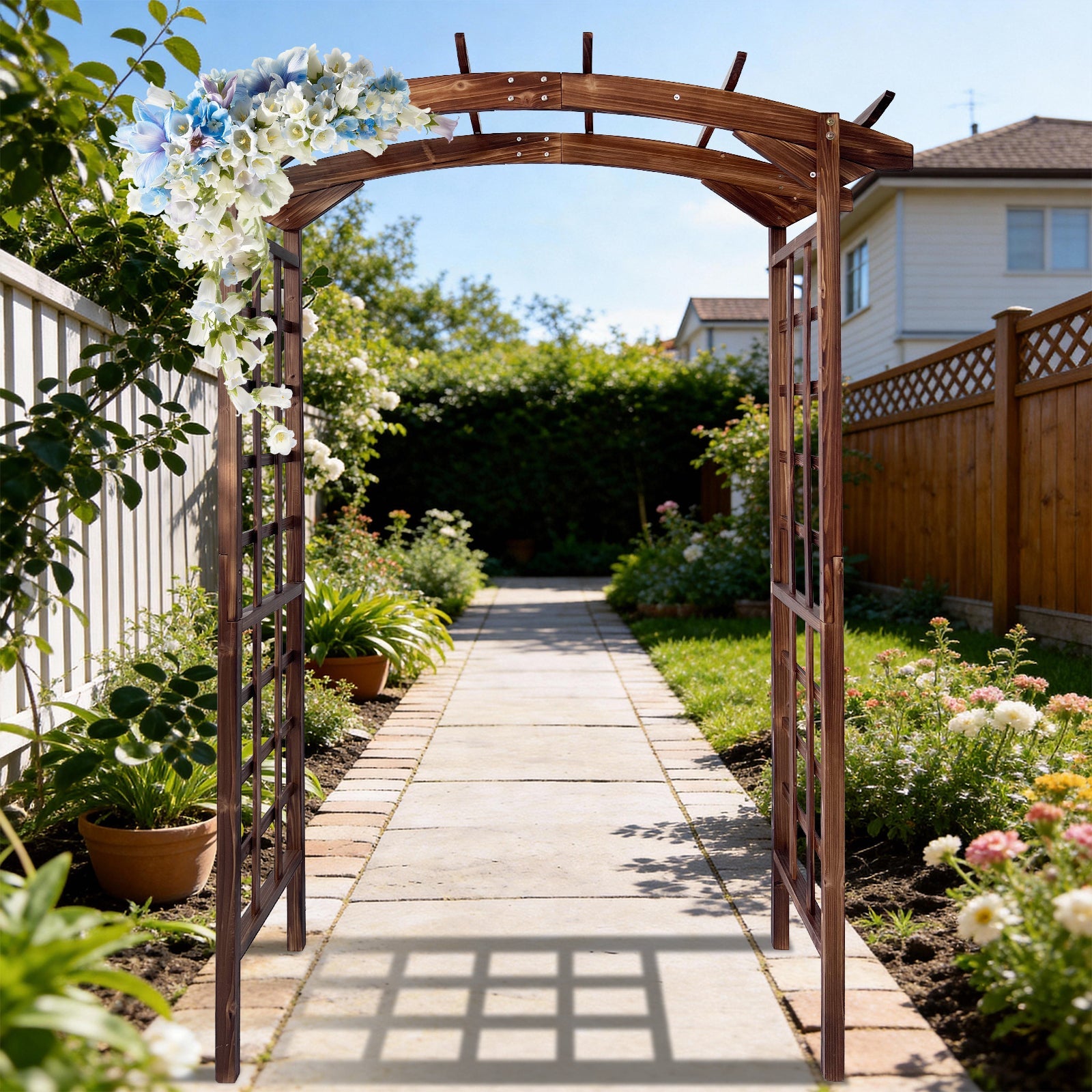 Garvee 85-Inch Wooden Garden Arbor Trellis, Fir Wood Arched Pergola for Climbing Plants, Wedding, Patio, Lawn & Backyard, Dark Brown, Arched Top