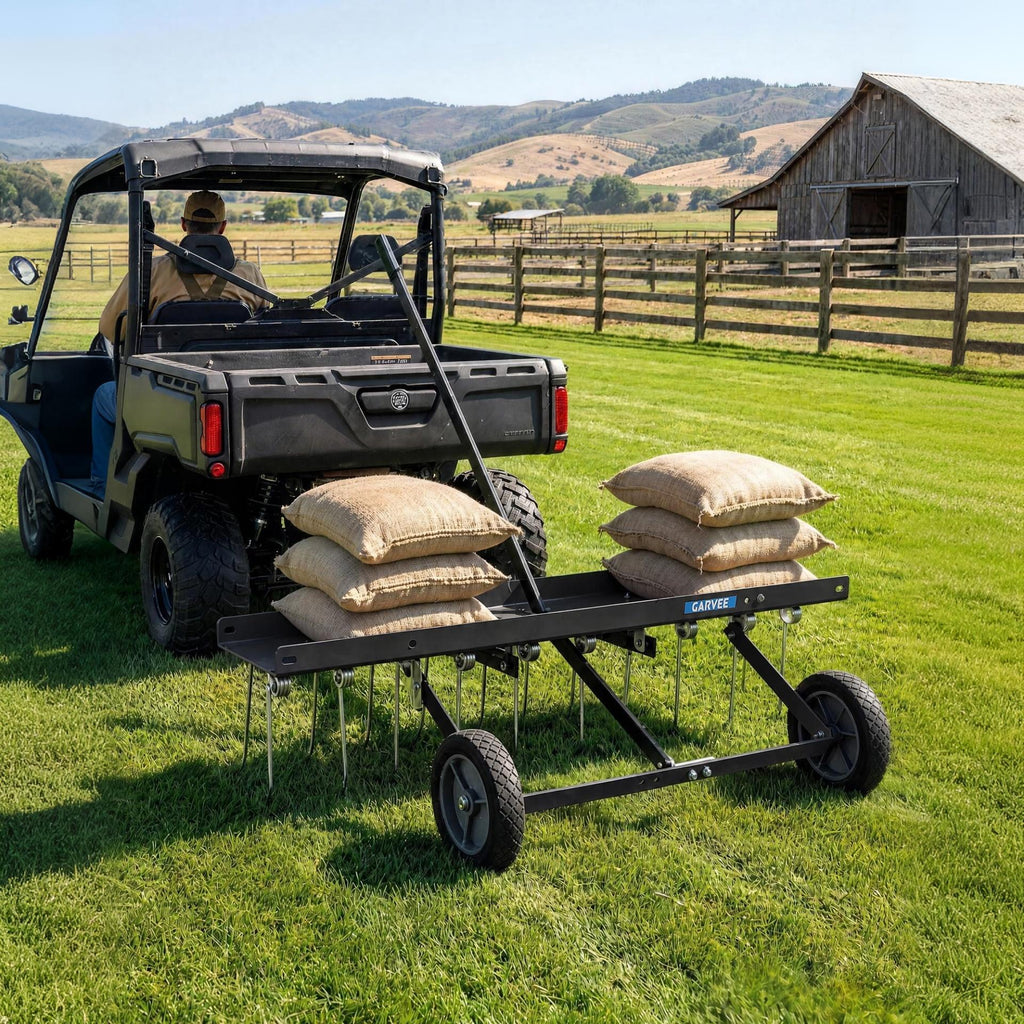 Garvee 48" Tow Behind Lawn Dethatcher, 24 Spring Steel Tines with 330 lb Ballast Tray for Large Yards