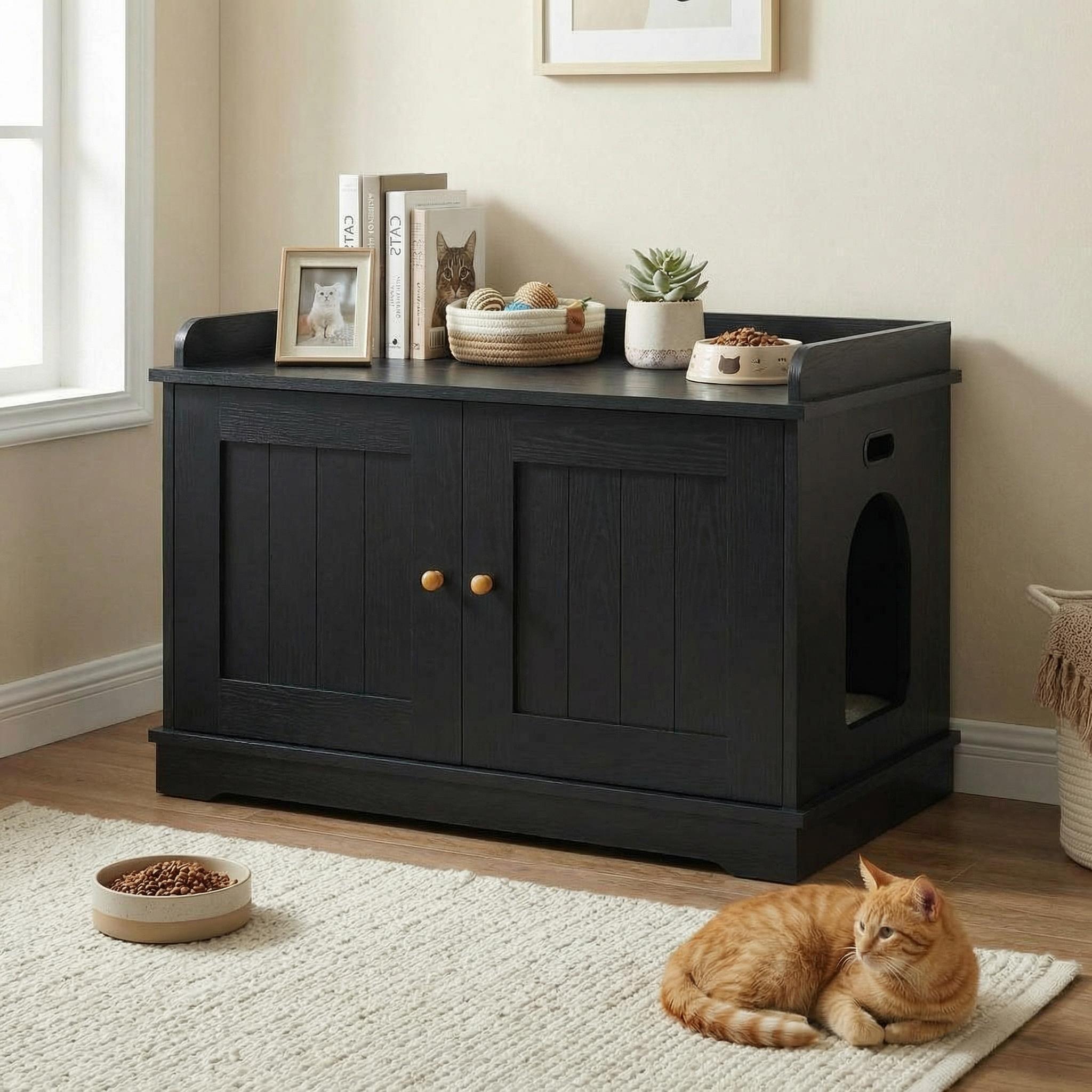 Garvee 31.5" Cat Litter Box Furniture, 2 Doors Cat Litter Box Enclosure for Most Cats, Hidden Cat Cabinet for Living Room Hallway, Smooth Surface & Quick Clean-Up, Black