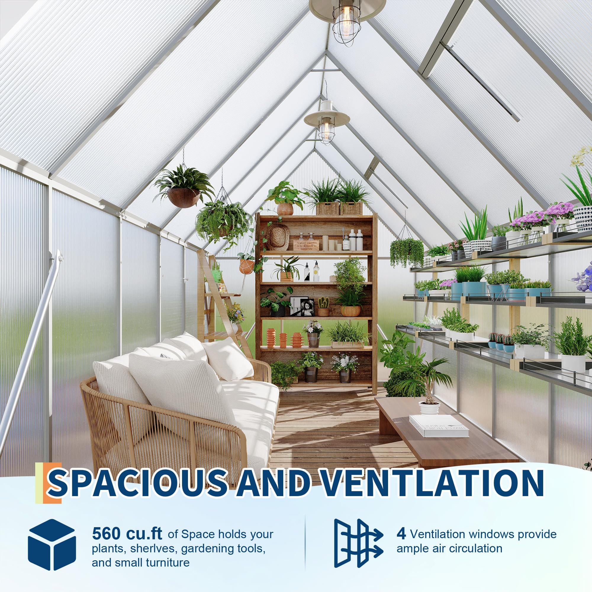 Garvee Heavy Duty Aluminum Polycarbonate Greenhouse Kit - 6x11 FT Large Walk-In Outdoor Garden Greenhouse with Roof Vent, Double Swing Doors, Quick Setup, Enhanced Ventilation - Silver