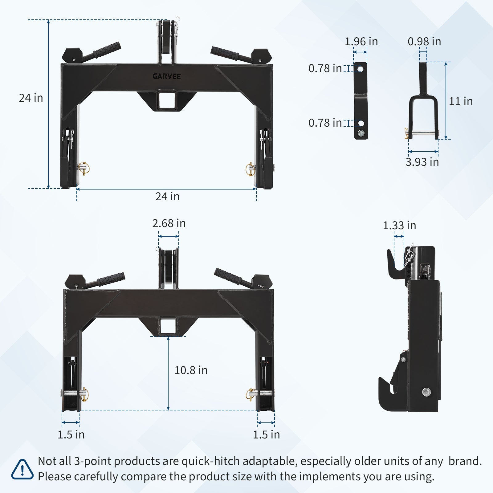 Garvee Heavy-Duty 3-Point Quick Hitch Adapter with 2" Receiver – Reinforced Rib – 3000 lbs Lift – No Bushing Needed – 5-Level Adjustable Bolt – Category 1 Tractor Attachment – Durable Metal – Black Powder Coated Finish