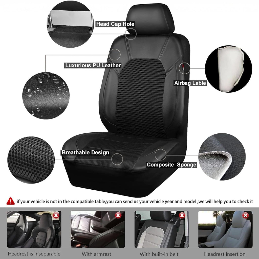Garvee Global 9-Piece PU Leather Car Seat Cover Set – Full Protection, Waterproof, Breathable, Non-Slip, Safety Cushion Compatible, Easy Installation – Fits Cars, SUVs, Skate Shoes, Motorhomes, Includes Headrest Covers – Black