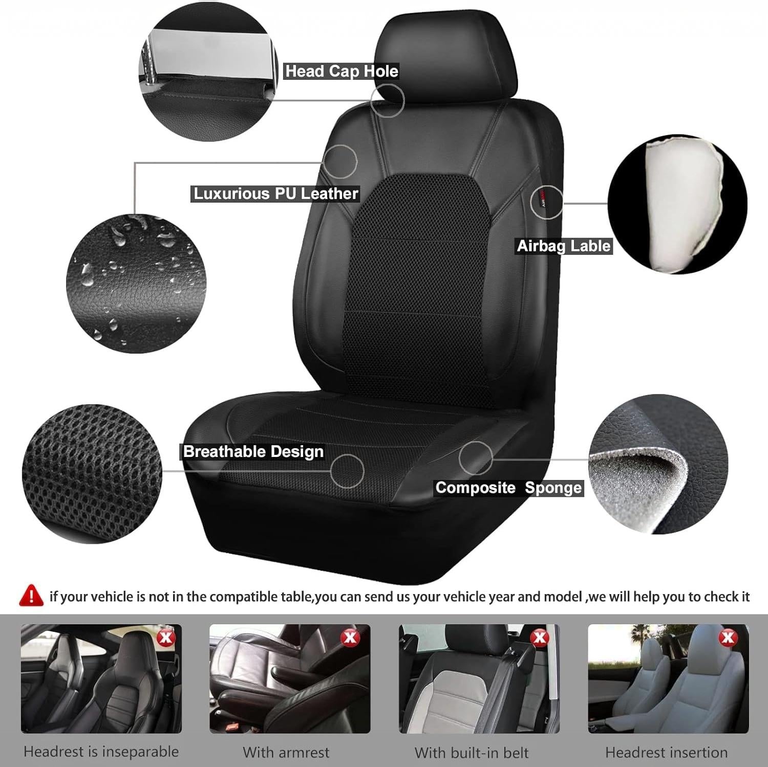 Garvee Global 9-Piece PU Leather Car Seat Cover Set – Full Protection, Waterproof, Breathable, Non-Slip, Safety Cushion Compatible, Easy Installation – Fits Cars, SUVs, Skate Shoes, Motorhomes, Includes Headrest Covers – Black