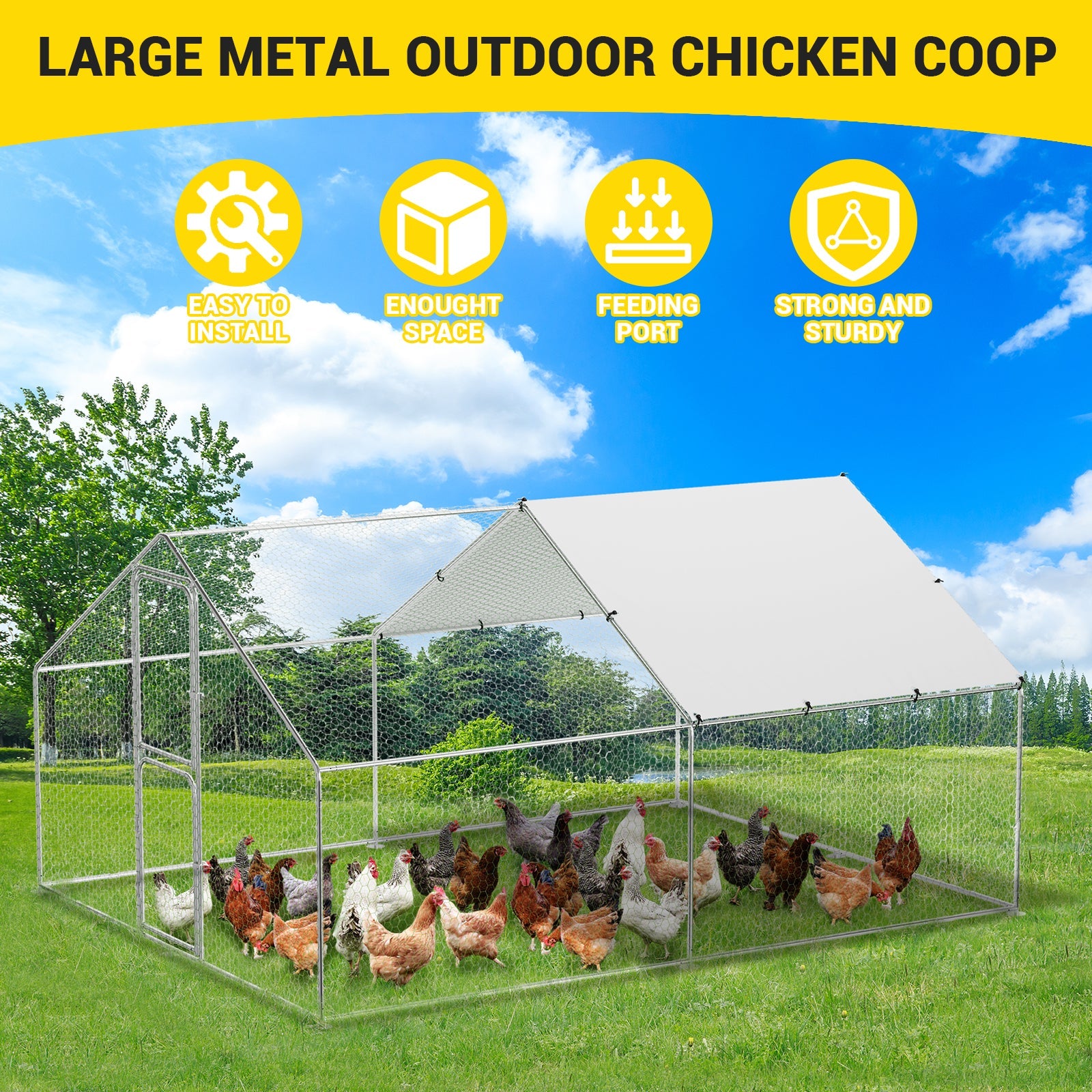 Garvee Heavy-Duty Walk-In Metal Chicken Coop for Backyard Poultry – Dual Lockable Doors, Galvanized Steel Frame, Waterproof UV-Resistant Cover, Spire Roof Hen House, 9.8' W x 13.1' D x 6.6' H