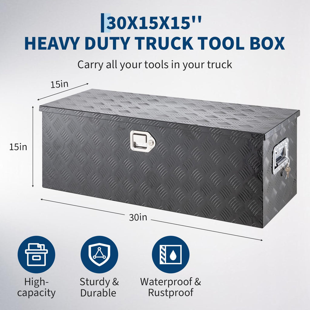 Garvee 30"x15"x15" Aluminum Truck Bed Tool Box, Weatherproof Storage Chest with Lock & Keys, Side Handles, Gas Strut Lid, Large-Capacity Heavy-Duty Organizer for Pickup, Trailer, and RV, Black