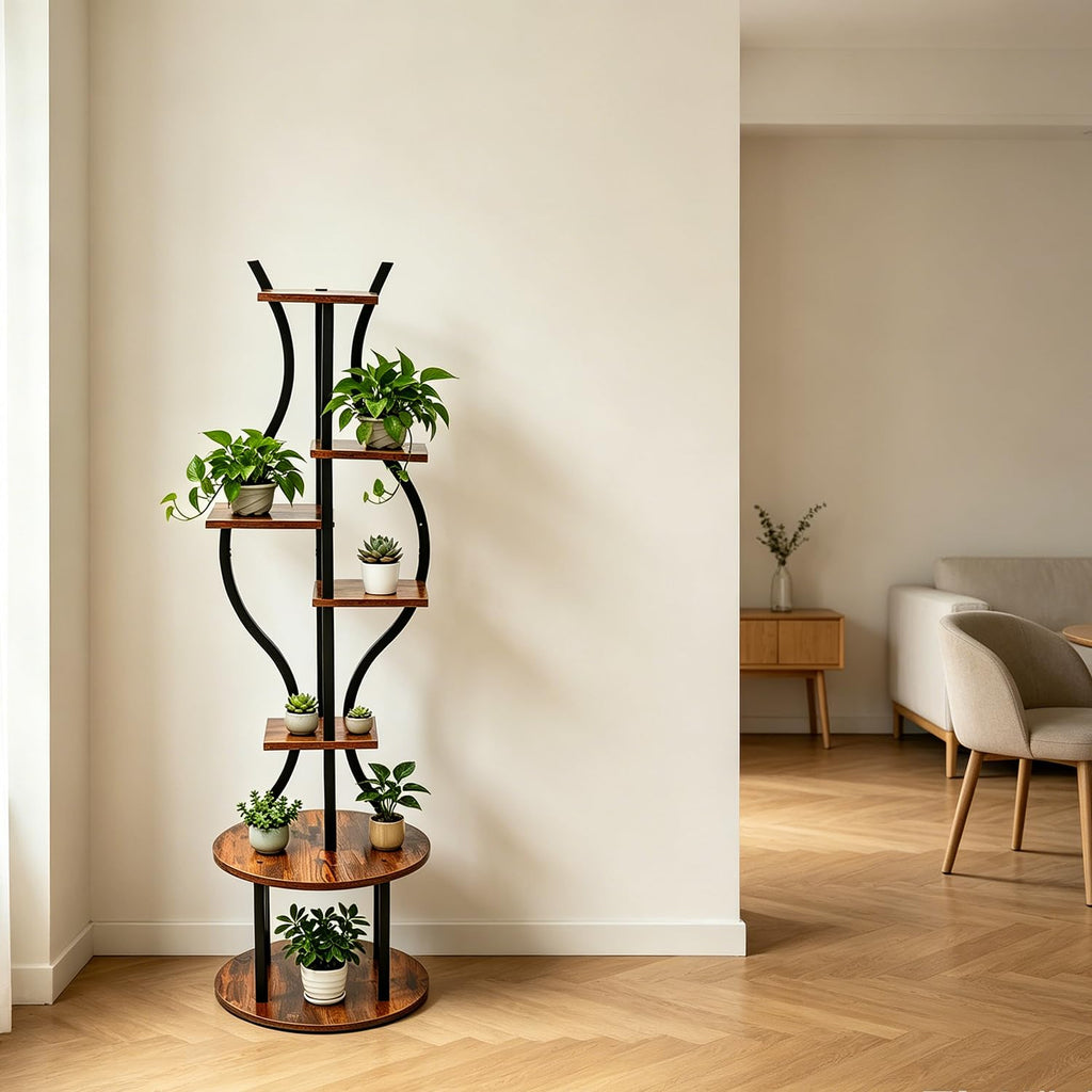 Garvee 57-Inch 7-Tier Plant Stand, Tall Metal Corner Plant Shelf with Wood-Look Shelves, Adjustable Feet and Anti-Tip Straps for Living Room, Balcony and Covered Patio, Black/Wood