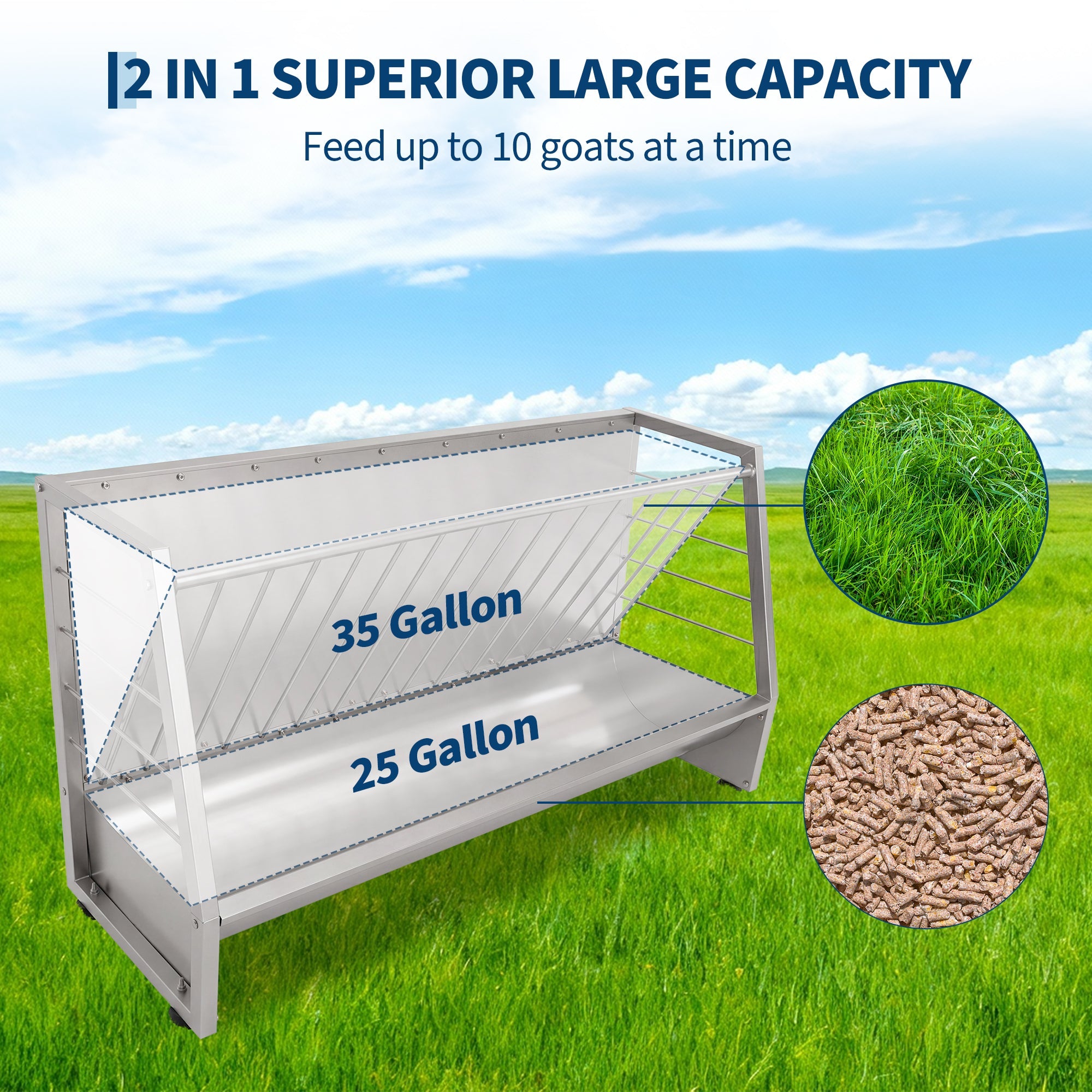 Garvee 5 ft Pasture Hay Feeder - Heavy Duty Galvanized Steel 2-in-1 Freestanding Livestock Hay & Grain Feeder, 60 Gallon Large Capacity for Goats, Sheep, Ponies & Alpacas (Silver)