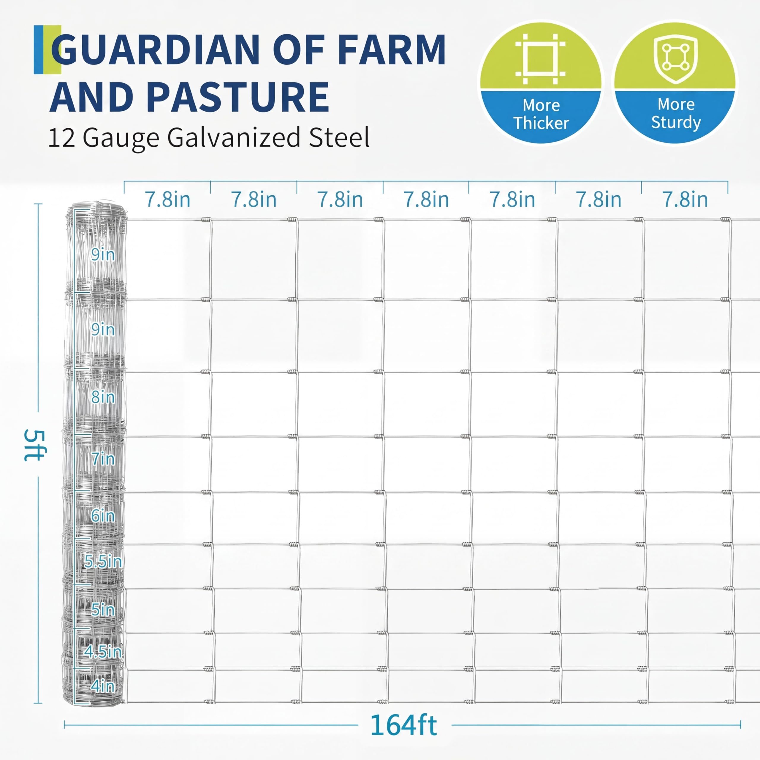 Garvee Cattle Farm Fence 5Ft x 164Ft, 12 Gauge Heavy Galvanized Steel Wire Fencing Outdoor for Livestock Control/Pet Supplies/Farmer/Agriculture/Pasture/Cross Fencing/Horse/Goat/Deer/Pig/Sheep/Garden