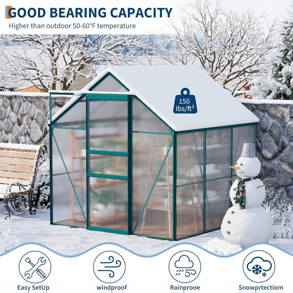 Garvee 6x6 FT Green Heavy Duty Polycarbonate Greenhouse – Aluminum Frame, Lockable Sliding Door, Adjustable Roof Vent, Rain Gutter, All-Weather Walk-In Design, Easy Setup for Backyard, Patio