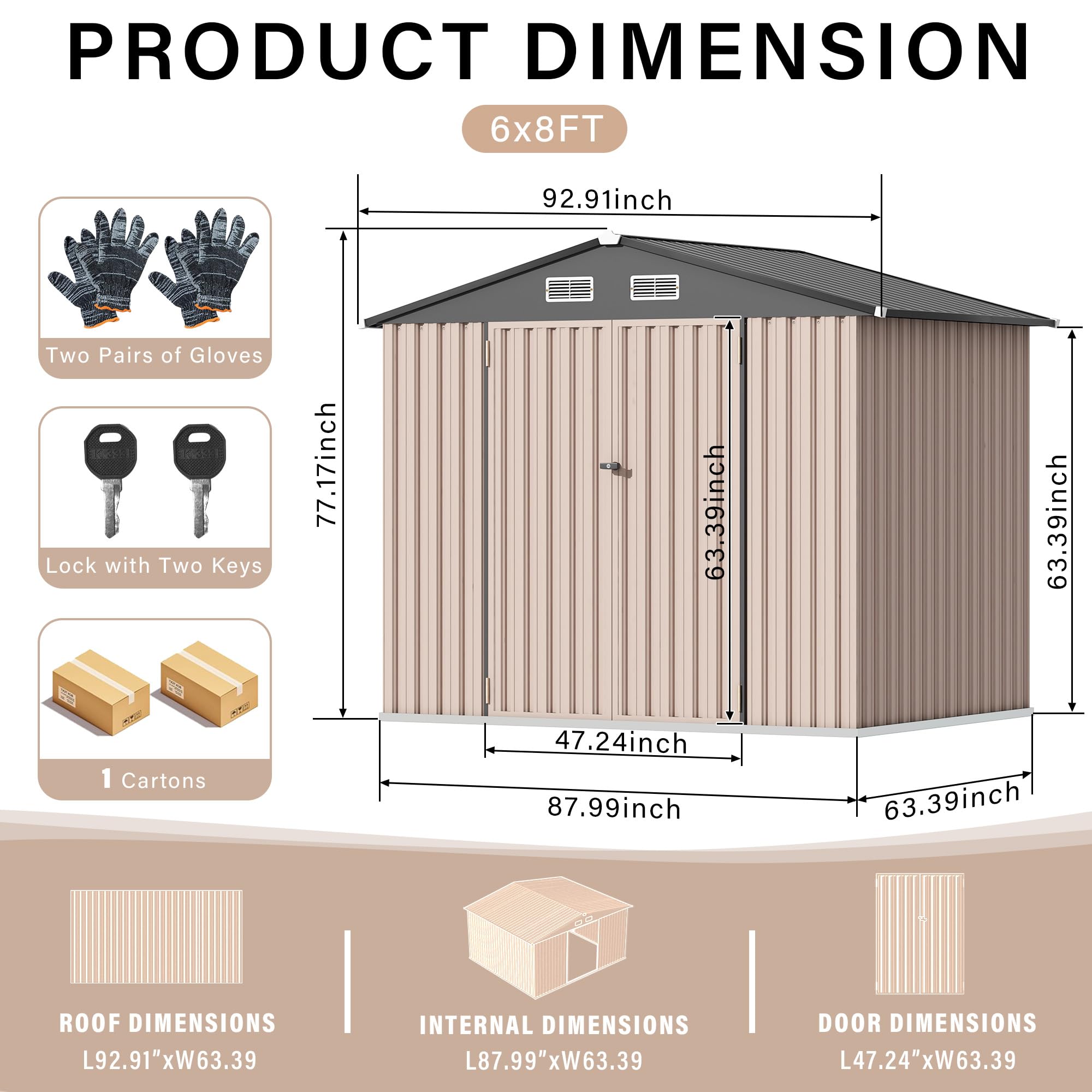 Garvee 6' x 8' Metal Outdoor Storage Shed, Lockable Garden Tool Organizer with Galvanized Steel, Air Vents, Sloped Roof & Weatherproof Storage, Dark Top + Brown Board