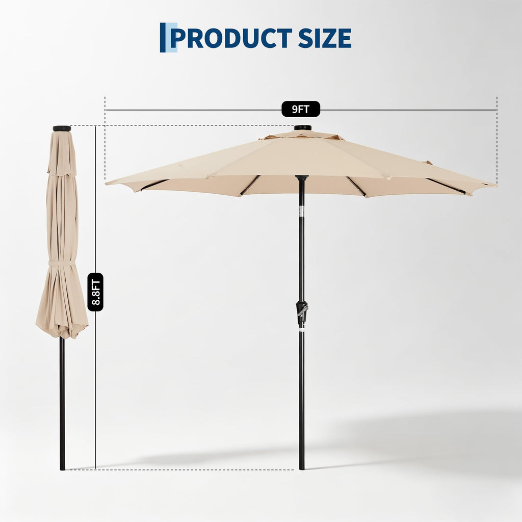 Garvee 9 FT Solar LED Patio Umbrella, Outdoor Market Table Umbrella with Tilt & Crank, 32 Lights, 8 Iron Ribs, UV Sun Shade for Garden, Deck & Pool, Beige