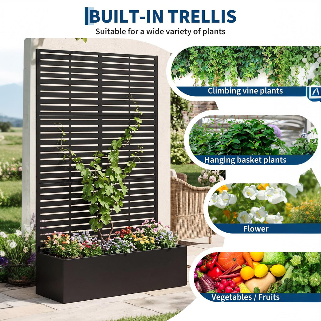 Garvee Raised Planter Box with Trellis for Vines & Vegetables, 71 in All-Weather Metal Garden Bed with Privacy Screen, Drainage Holes and Black Striped Panel