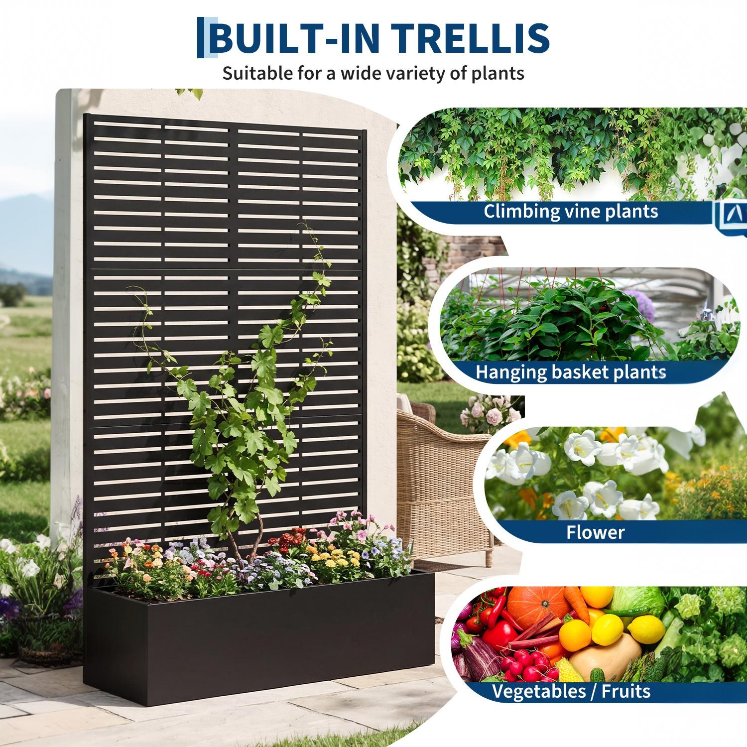 Garvee Raised Planter Box with Trellis for Vines & Vegetables, 71 in All-Weather Metal Garden Bed with Privacy Screen, Drainage Holes and Black Striped Panel