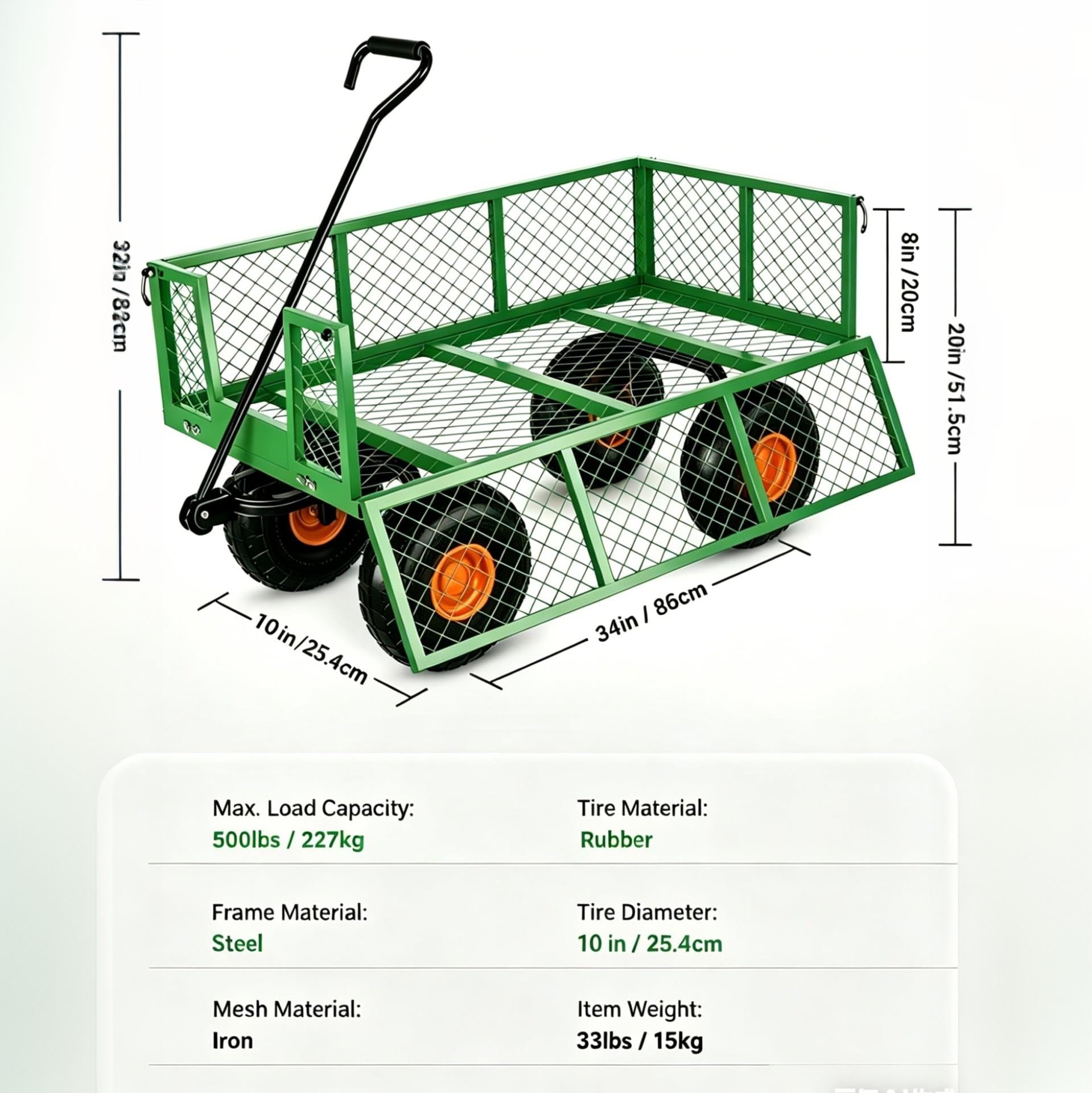 Garvee Green & Orange Steel Garden Cart Wagon, 500 lbs Utility Yard Trolley with Removable Mesh Sides, 10" Wheels & 180° Handle for Lawn Garden Transport