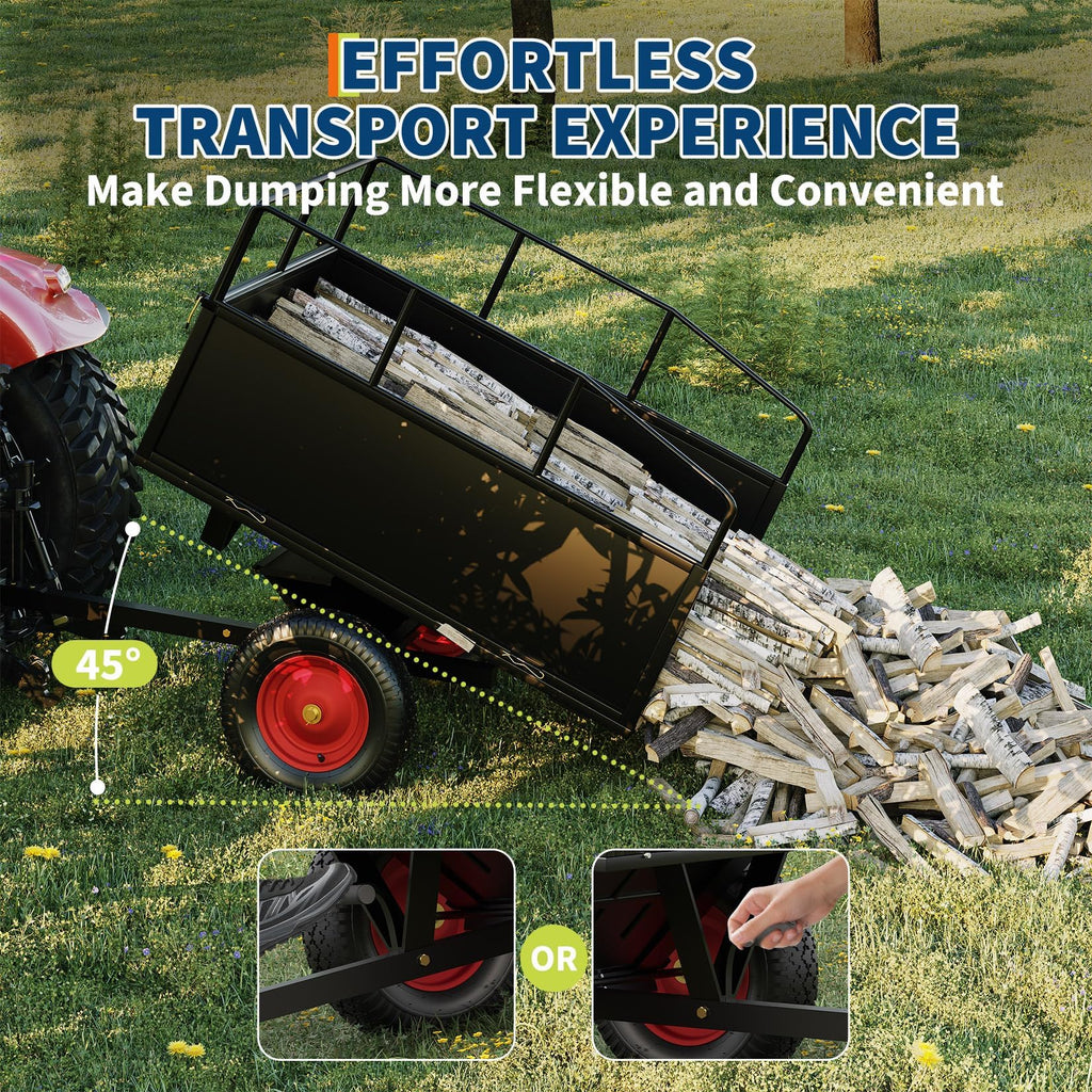 Garvee 750 lb ATV Dump Cart, 17 Cu. Ft. Tow-Behind Steel Utility Trailer with Removable Sides, 16 in Tires & Universal Hitch for Lawn Tractor