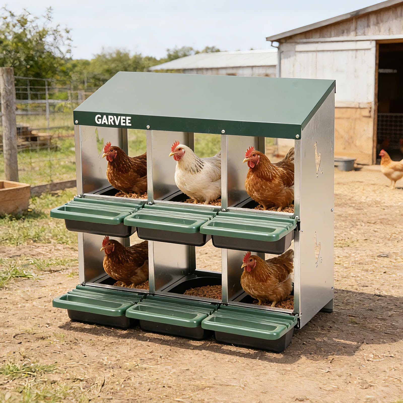 Garvee 6-Compartment Metal Chicken Nesting Box, Roll Away Poultry Laying Box with Sloped Anti-Perch Roof, 31.3"x12.8"x30.9", Green