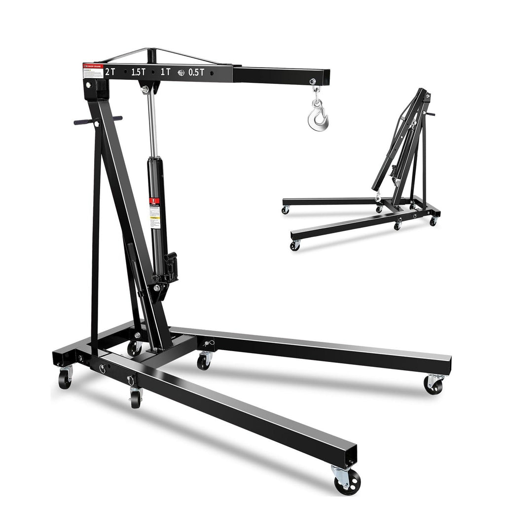 Garvee 2-Ton Folding Engine Hoist Hydraulic Crane with 6 Swivel Wheels & Adjustable Boom Reinforced Steel Rust-Proof Coating Garage Workshop Farm, Black