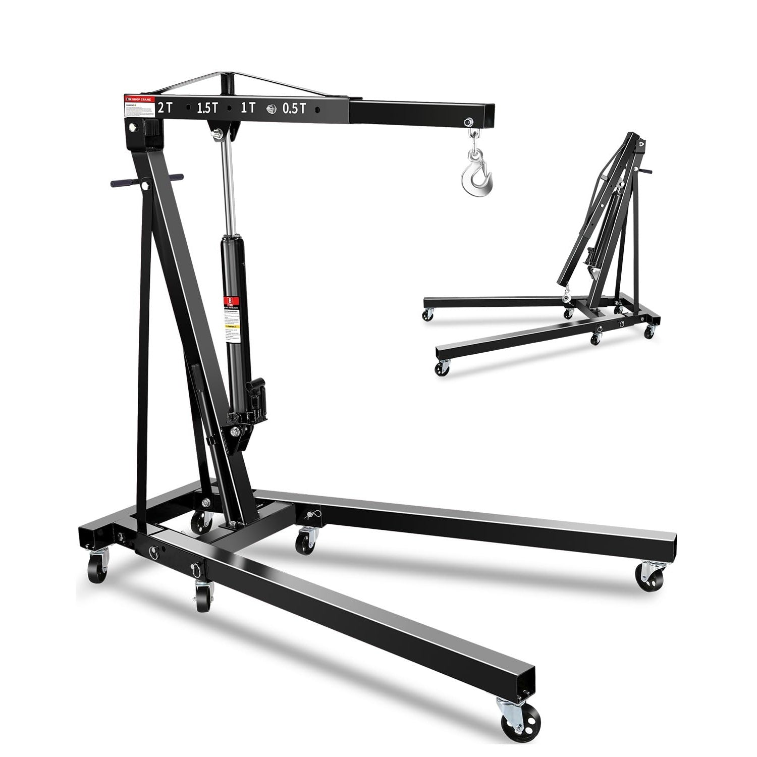 Garvee 2-Ton Folding Engine Hoist Hydraulic Crane with 6 Swivel Wheels & Adjustable Boom Reinforced Steel Rust-Proof Coating Garage Workshop Farm, Black
