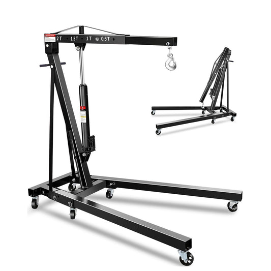 Garvee 2-Ton Folding Engine Hoist Hydraulic Crane with 6 Swivel Wheels & Adjustable Boom Reinforced Steel Rust-Proof Coating Garage Workshop Farm, Black