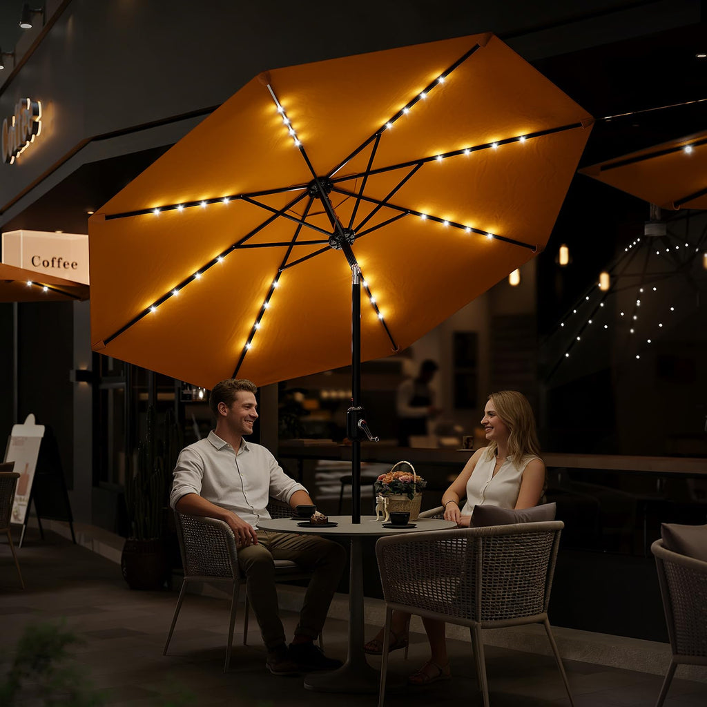 Garvee 10 FT Patio Umbrella with Solar Lights, Outdoor Table Umbrella with 8 Durable Ribs, Tilt & Crank Mechanism, Waterproof & UV Protection for Garden, Backyard, Poolside, Yellow