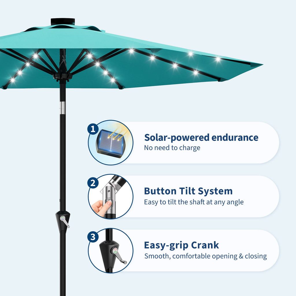 Garvee 9FT Solar LED Patio Umbrella, Waterproof Outdoor Market Table Umbrella with 8 Ribs, Crank Lift, Push Button Tilt, UV Protection for Garden, Pool & Deck, Sky Blue