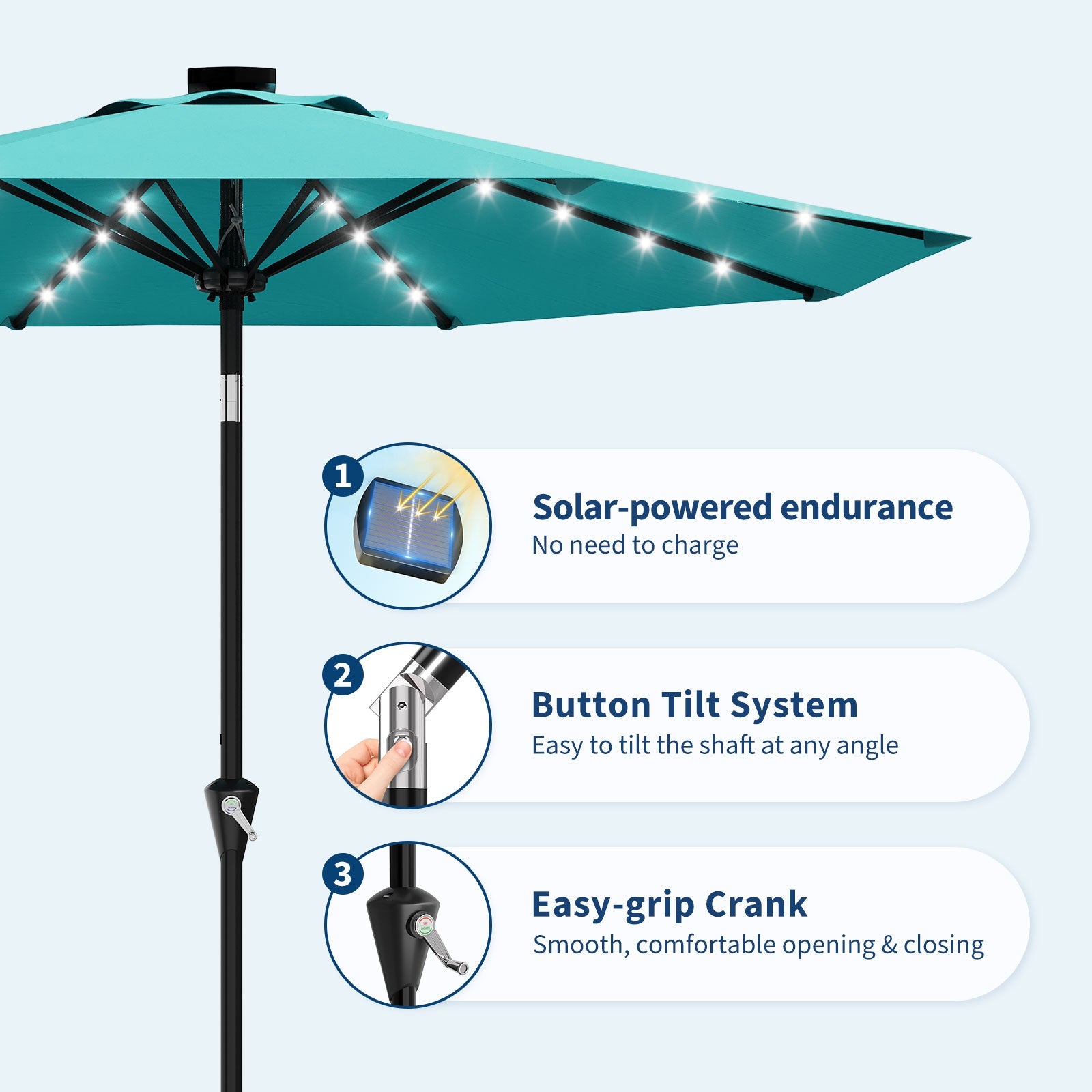 Garvee 9FT Solar LED Patio Umbrella, Waterproof Outdoor Market Table Umbrella with 8 Ribs, Crank Lift, Push Button Tilt, UV Protection for Garden, Pool & Deck, Sky Blue