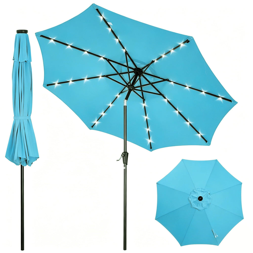 Garvee 9 FT Solar LED Patio Umbrella, Outdoor Market Table Umbrella with Tilt & Crank, 32 Lights, 8 Iron Ribs, UV Sun Shade for Garden, Deck & Pool, Blue