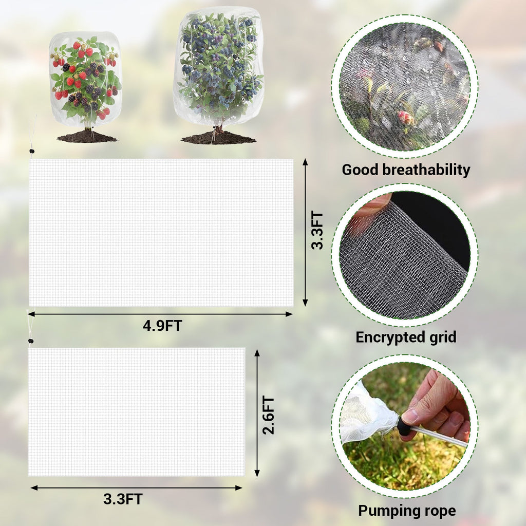 Garvee Garden Plant Netting for Fruit Trees & Vegetables, 12-Pack Drawstring Mesh Covers with 6 Small 3.3 x 2.6 FT and 6 Large 4.9 x 3.3 FT Bags, White