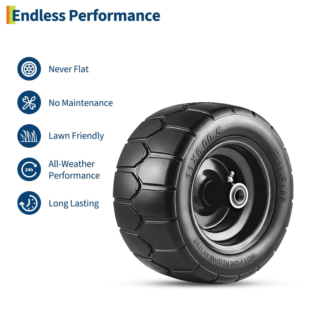 Garvee 2 Pack 11x6.00-5 Flat Free Lawn Mower Tire and Wheel, 353 lbs Load, Polyurethane, Puncture-Proof, 3/4" & 5/8" Bushings, Push Mowers & Garden Carts