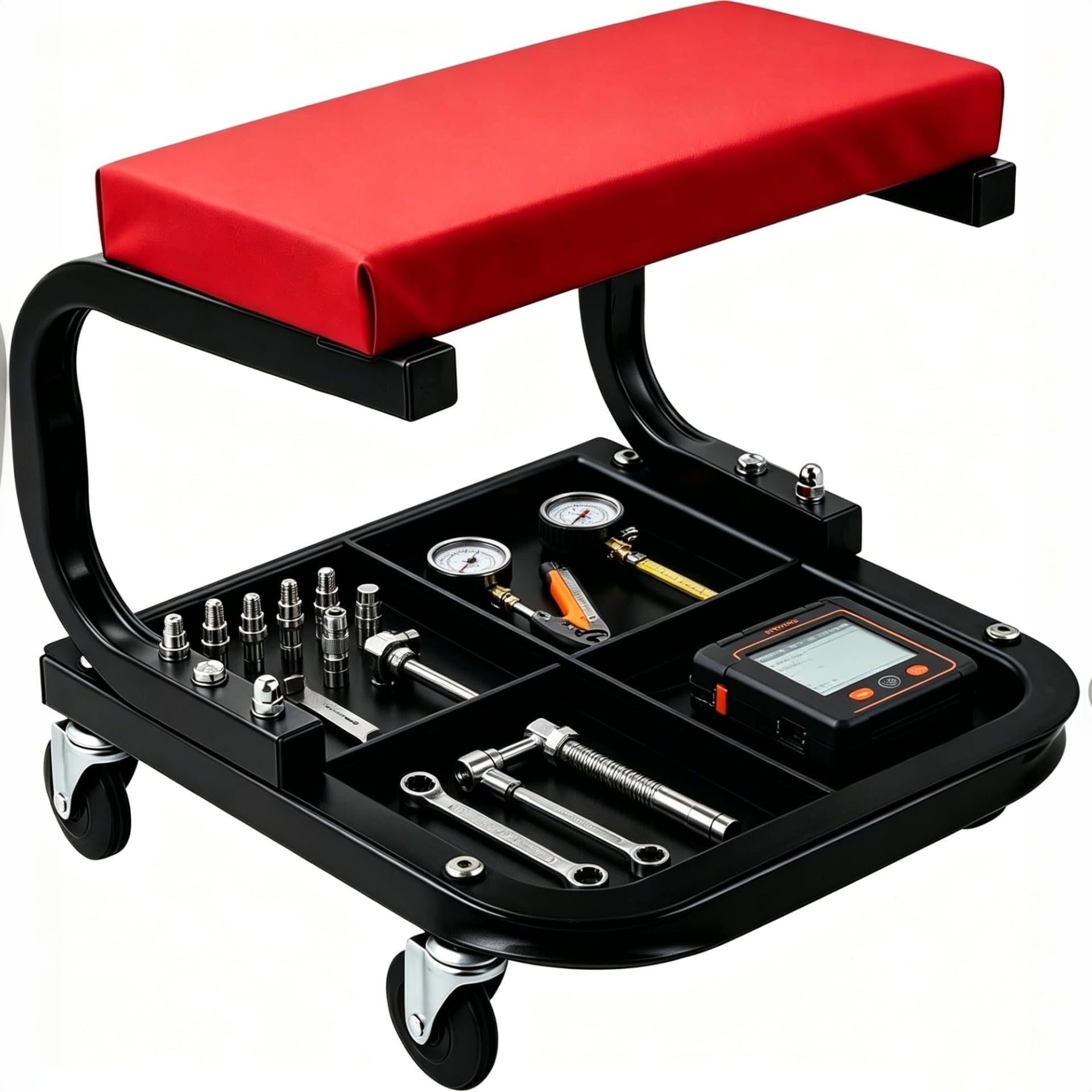 Garvee Heavy Duty Rolling Mechanic Creeper Seat – 250 lbs Capacity – Padded Garage Workshop Stool – Built-in Tool Tray – Comfortable & Durable, Black Red