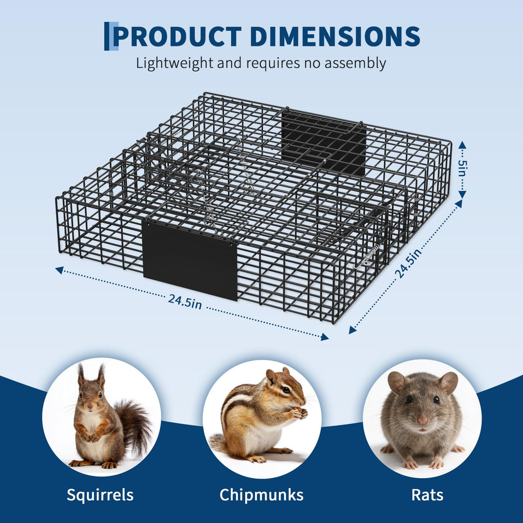 Garvee Humane 2-Door Live Animal Trap Cage – Sturdy Steel, Easy Catch & Release – For Squirrels, Chipmunks, Rabbits & Small Pests – Indoor/Outdoor Use – Carry Handle – Square: 24x24x5 in / 61x61x13 cm