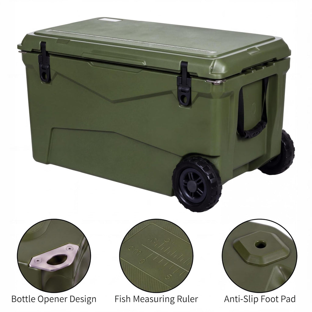 Garvee Extra-Thick Insulated Rolling Camping Cooler 110qt with Wheels - Large Portable Ice Chest Keeps Ice Up to 7 Days - For Food, Drinks, Beach, Picnic, Fishing, Boating - Military Grass Green - KUER-C-110 Military Grass Green GY06