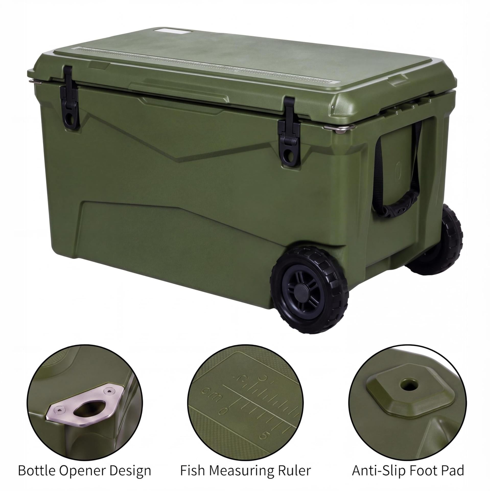 Garvee Extra-Thick Insulated Rolling Camping Cooler 110qt with Wheels - Large Portable Ice Chest Keeps Ice Up to 7 Days - For Food, Drinks, Beach, Picnic, Fishing, Boating - Military Grass Green - KUER-C-110 Military Grass Green GY06