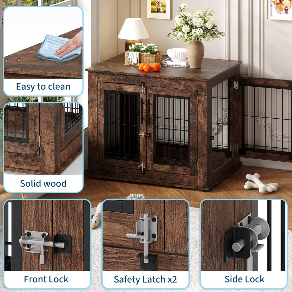 Garvee Medium Farmhouse Dog Crate Furniture End Table, Heavy Duty Wooden Kennel Cabinet with Double Doors for Small/Medium Dogs, Chew-Resistant Indoor Dog House Console for Living Room