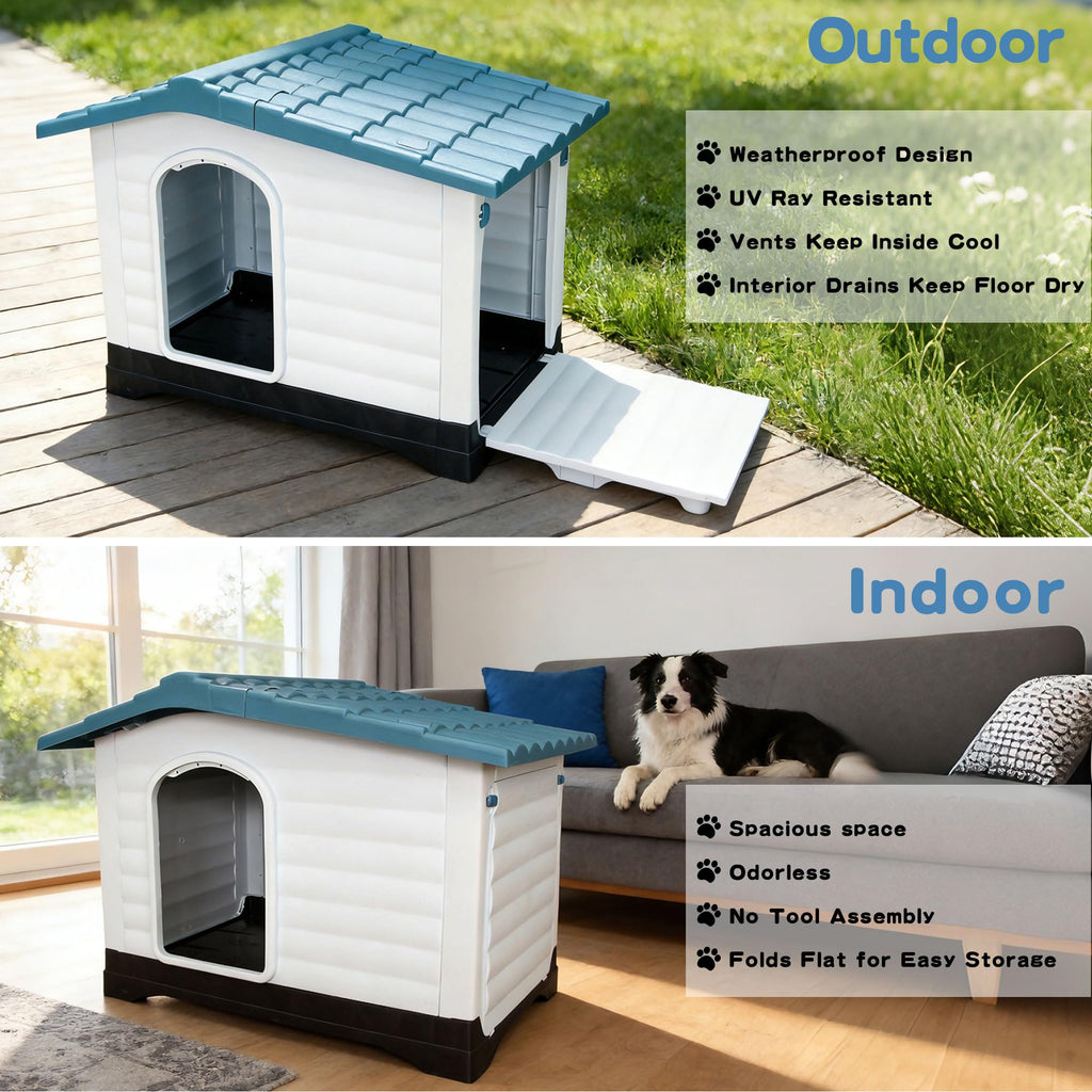 Garvee 2-Door Small Dog House for Indoor and Outdoor Dog House with Fold-Out Porch Elevated Base, Waterproof Pet House for Small and Medium Dogs, Easy Assembly, Blue (31''L x 21''W x 26''H)