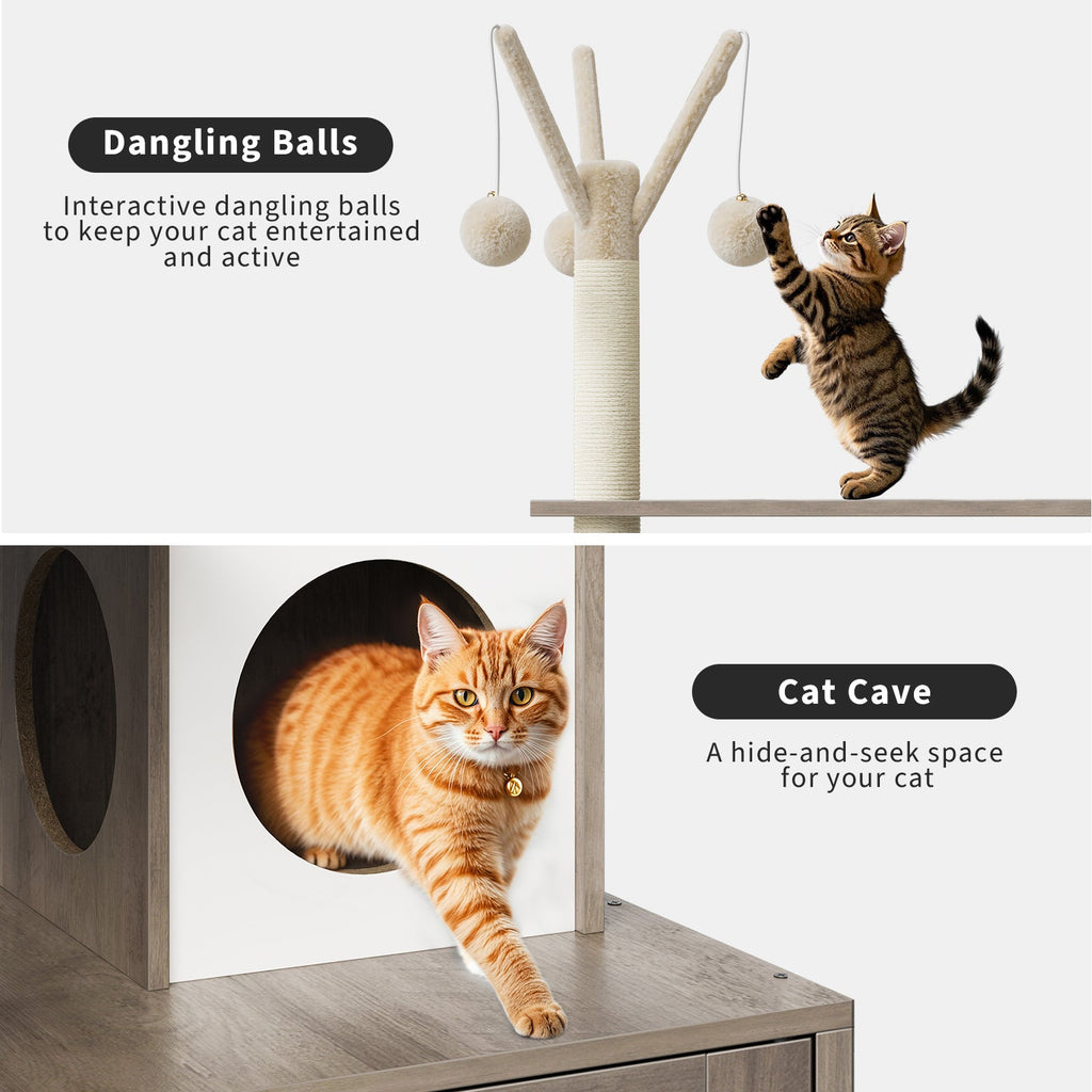 Garvee 54-Inch Litter Box Enclosure with Cat Tree, 2-in-1 Modern Large Cat Tower for Indoor Cats with Condo/Hammock/Scratching Post/Plush Perch/Caves, Wooden Hidden Litter Box Furniture, Grey